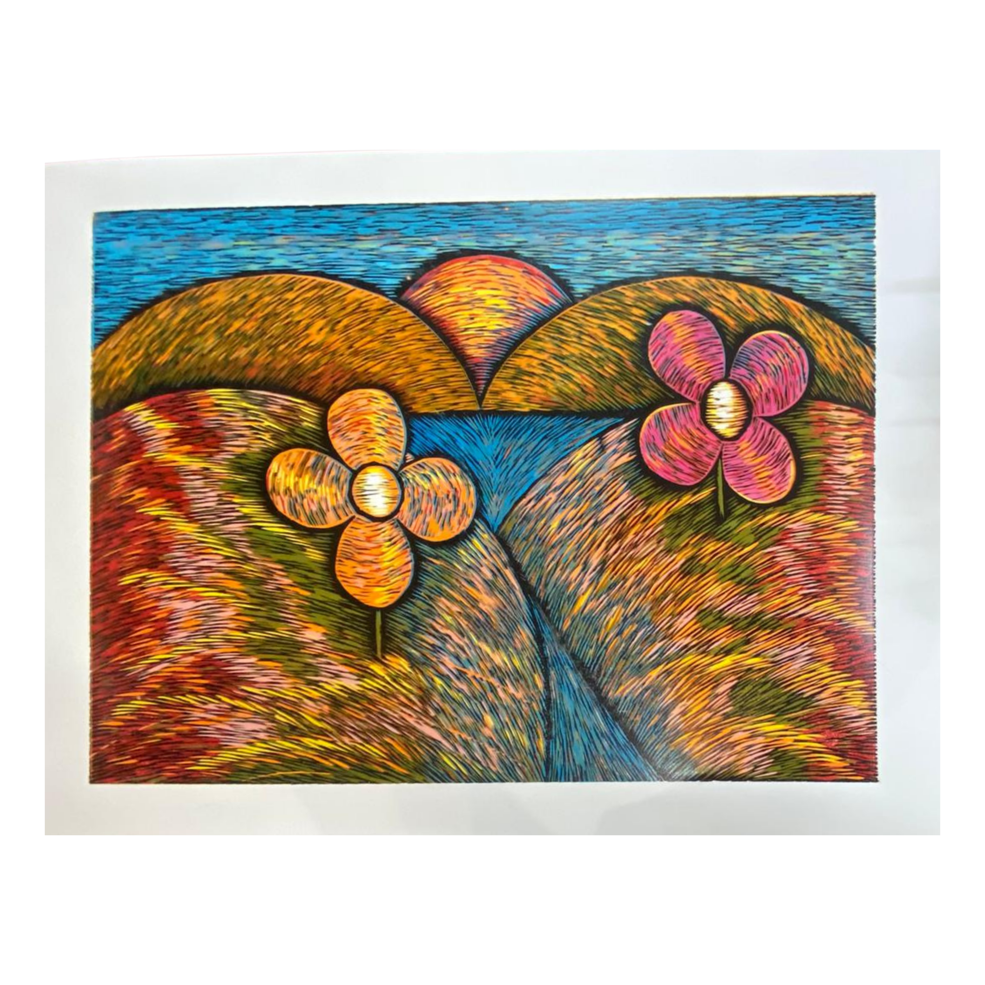 Mabote Art Woodprint Painting - Flower & Hills