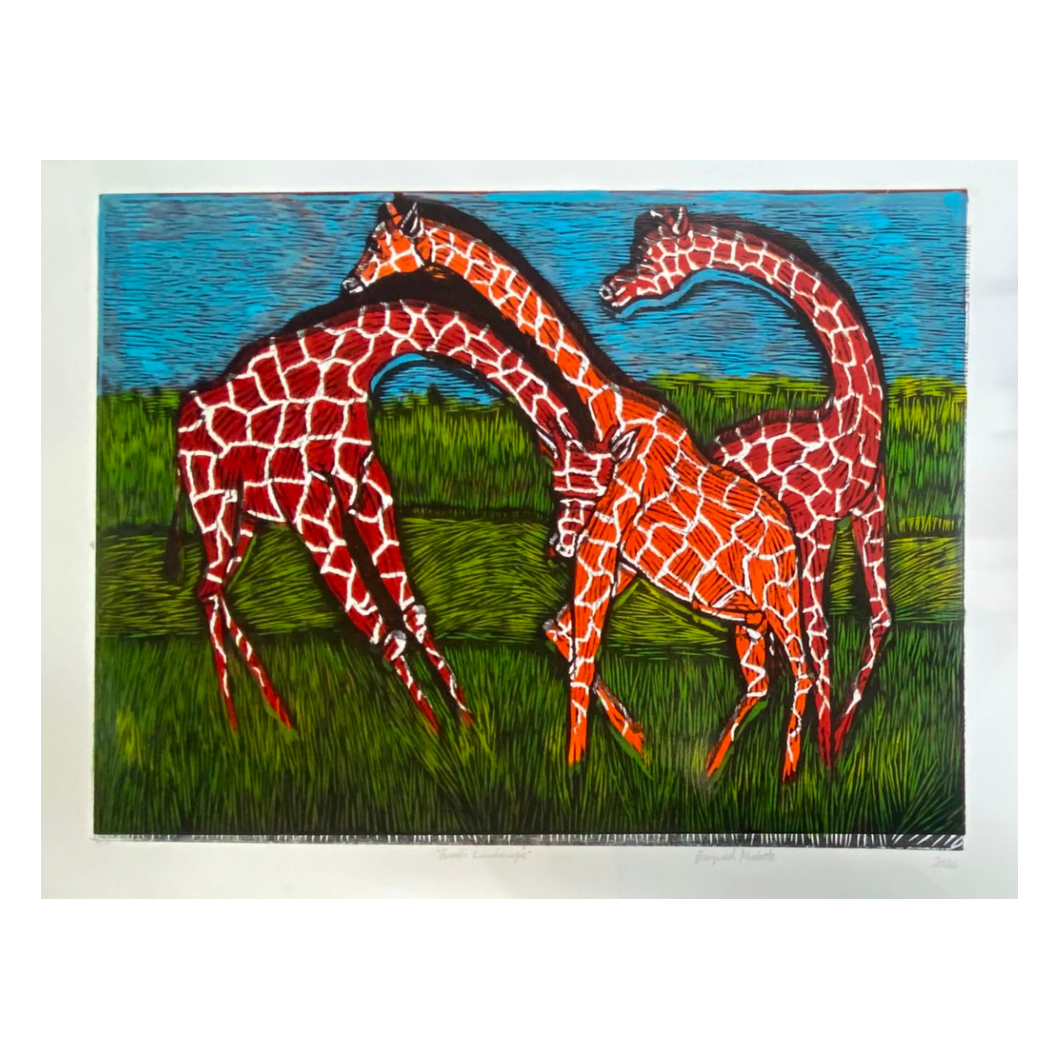 Mabote Art Woodprint Painting - Giraffe Landscape