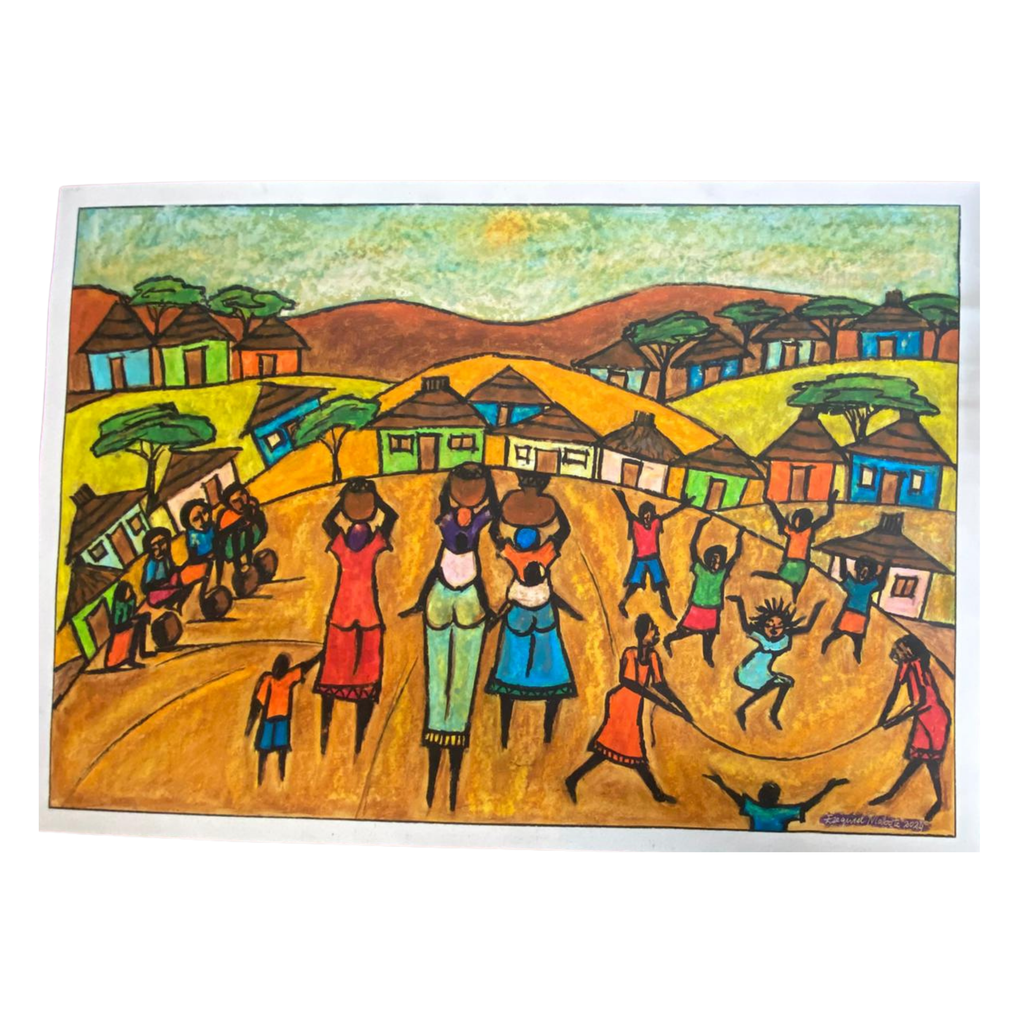Mabote Art Woodprint Painting - Joyfull Village