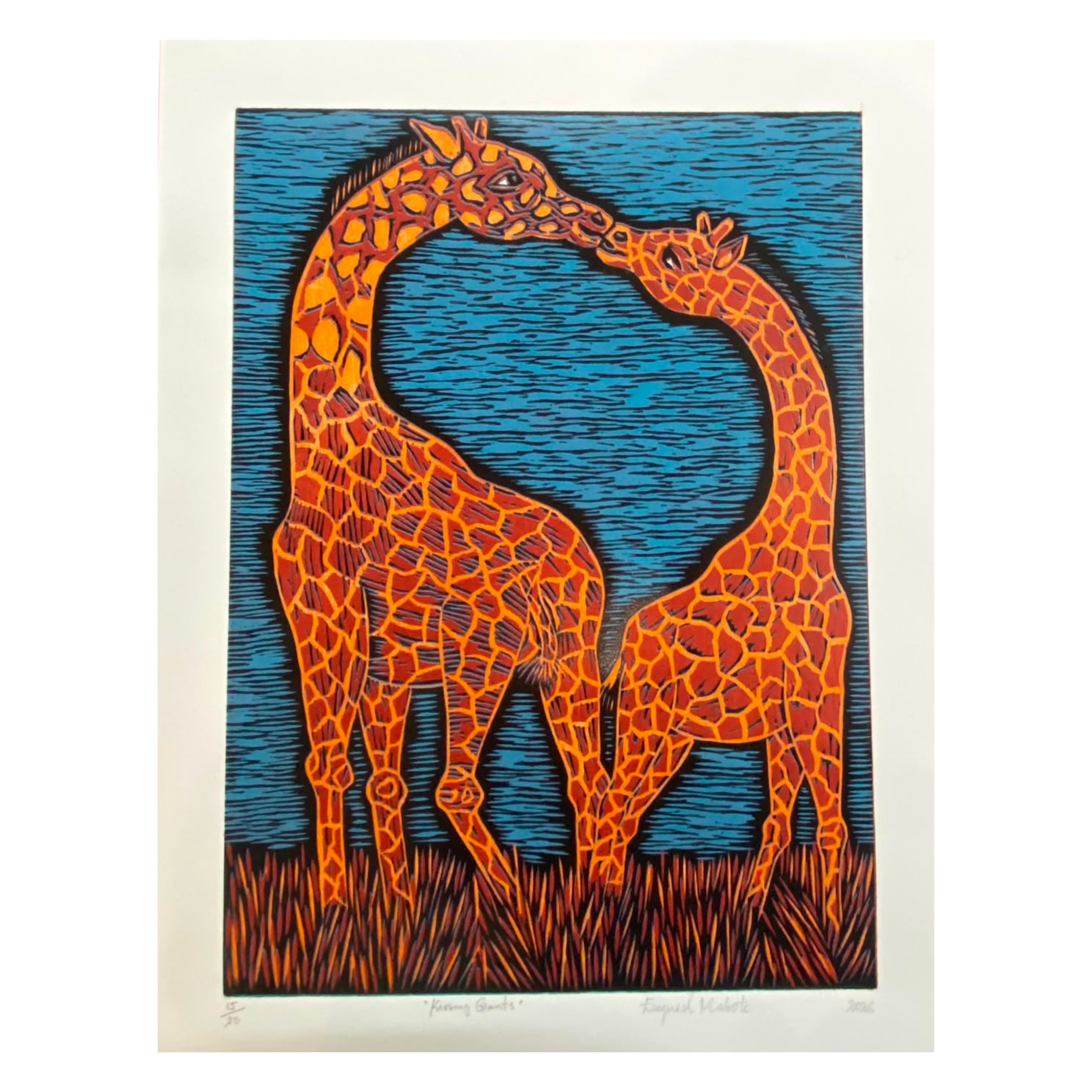 Mabote Art Woodprint Painting - Kissing Gaints