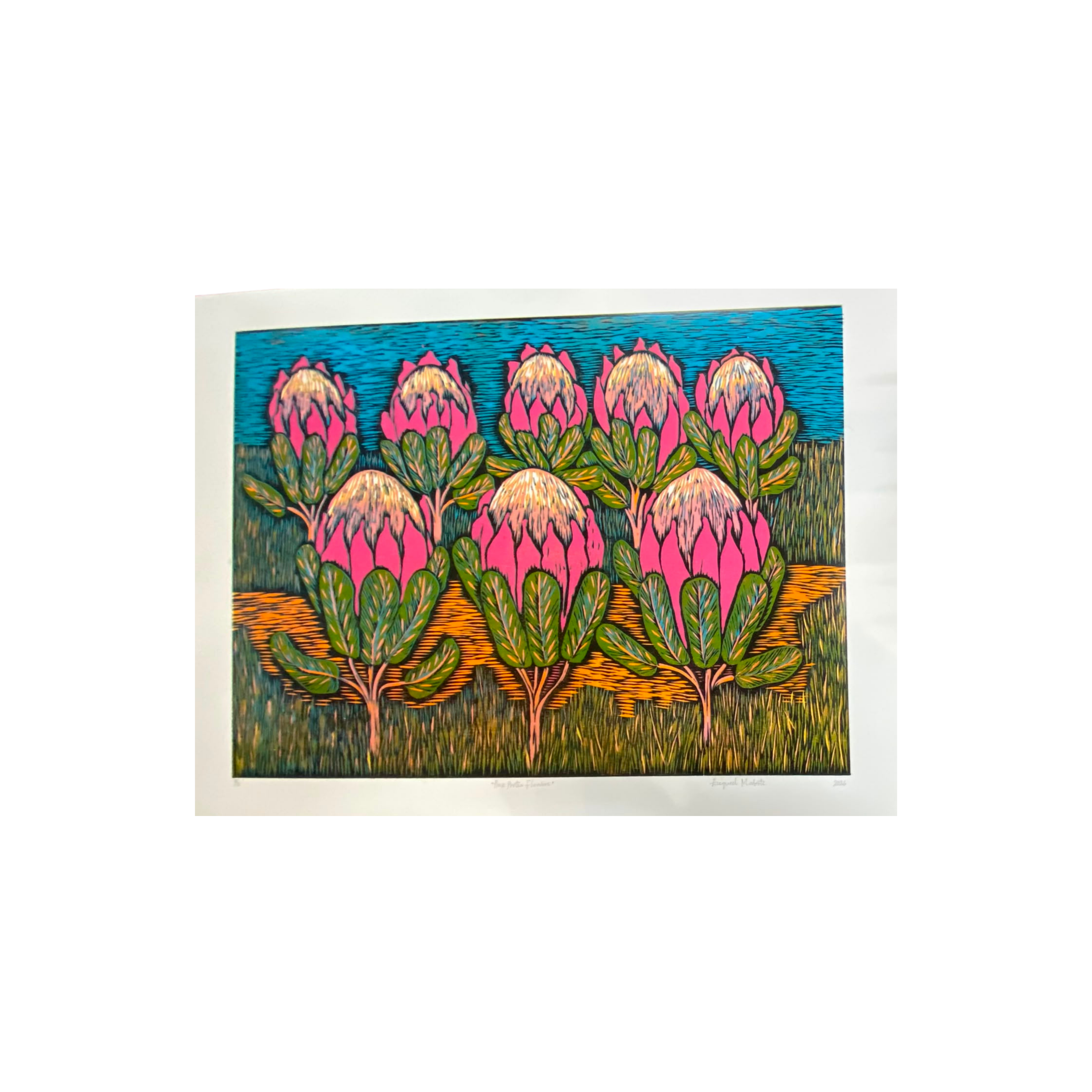 Mabote Art Woodprint Painting - Pink Protea Flowers