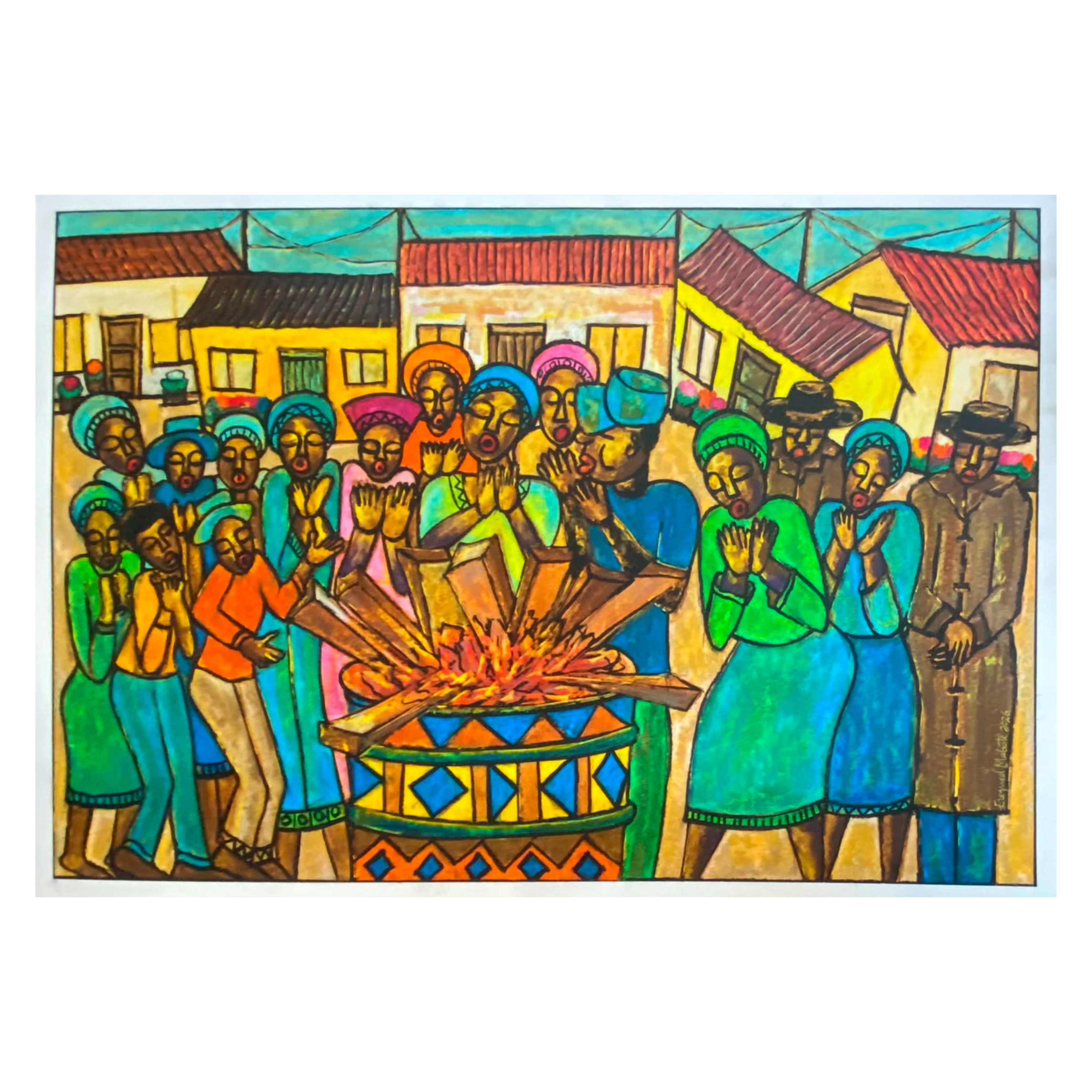Mabote Art Woodprint Painting - Village Scene