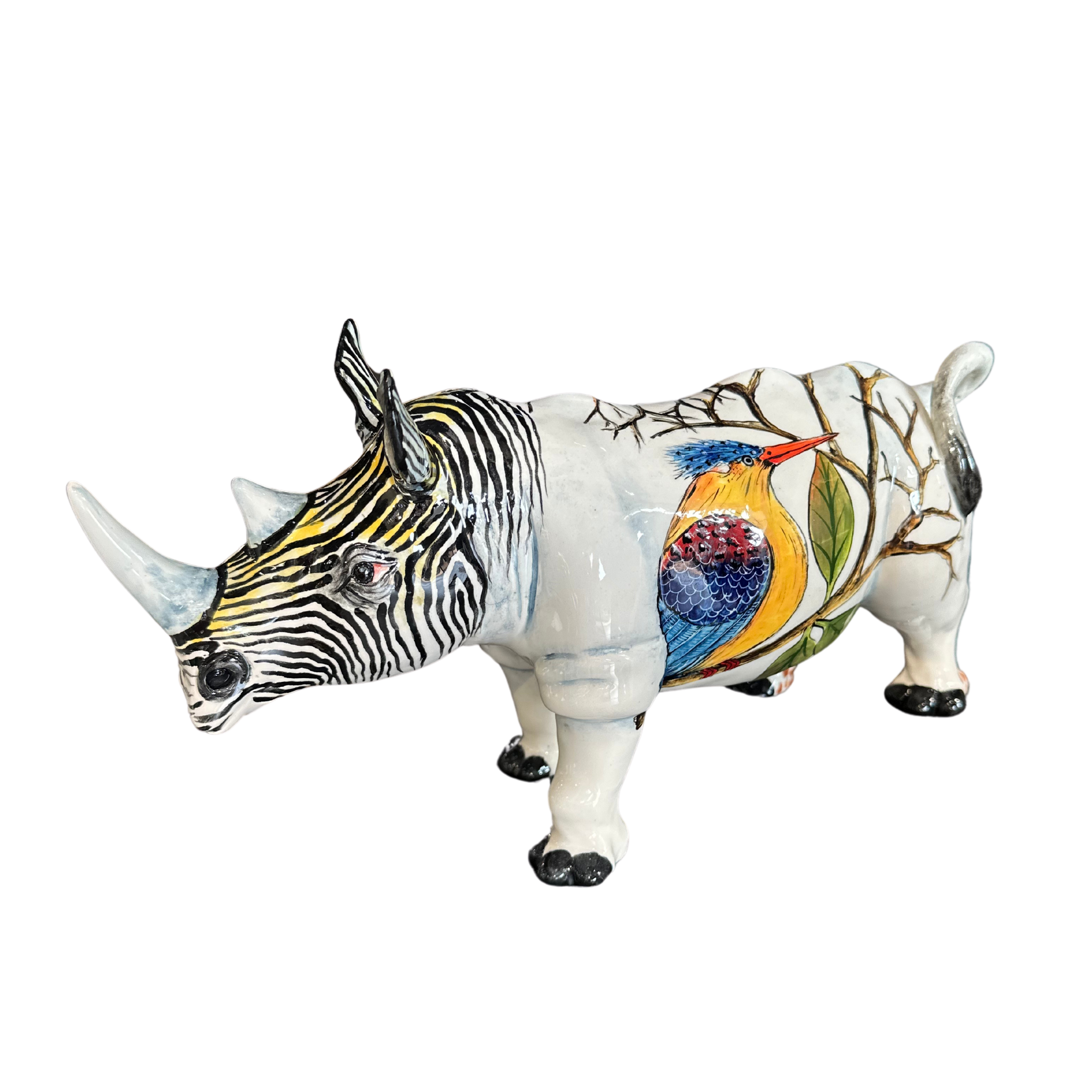 Large Hand Painted Ceramic Rhino With Zebra Face & Kingfishers