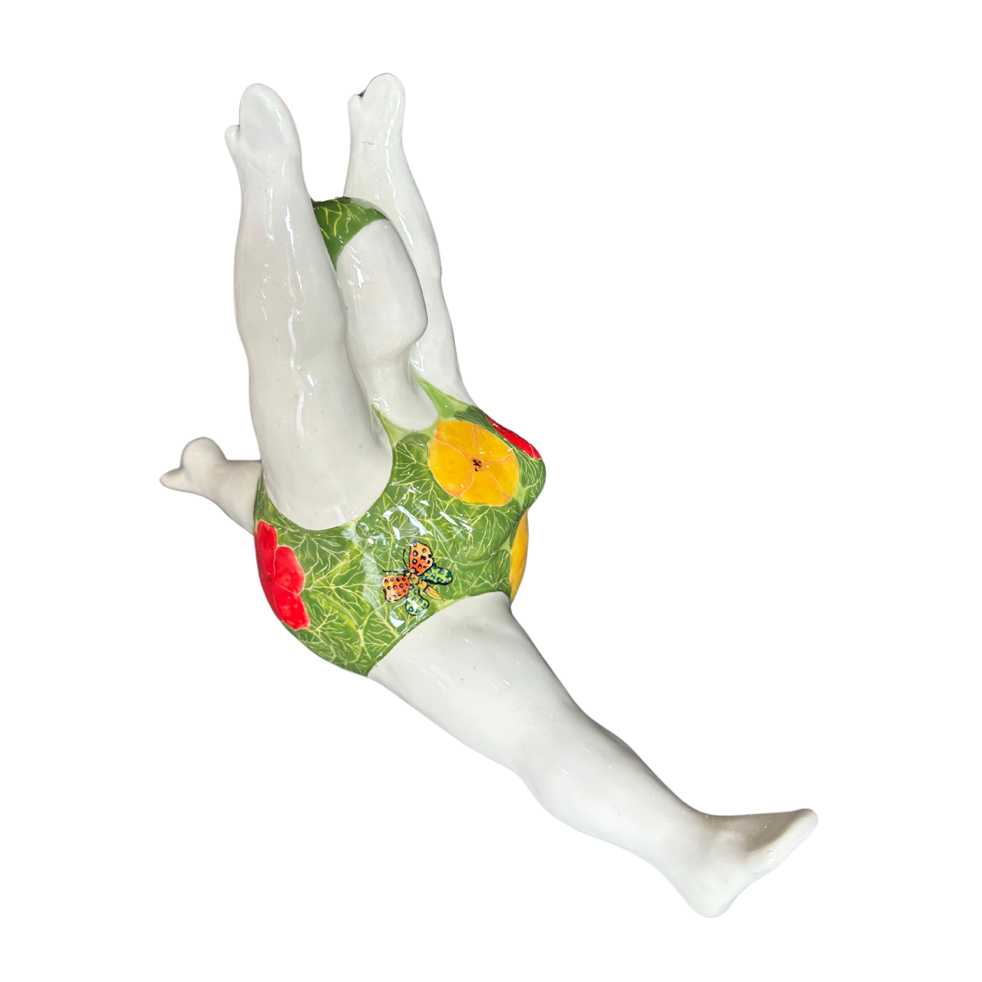 Large Fat Lady Doing The Splits With Floral Green Full Costume & Swimming Cap