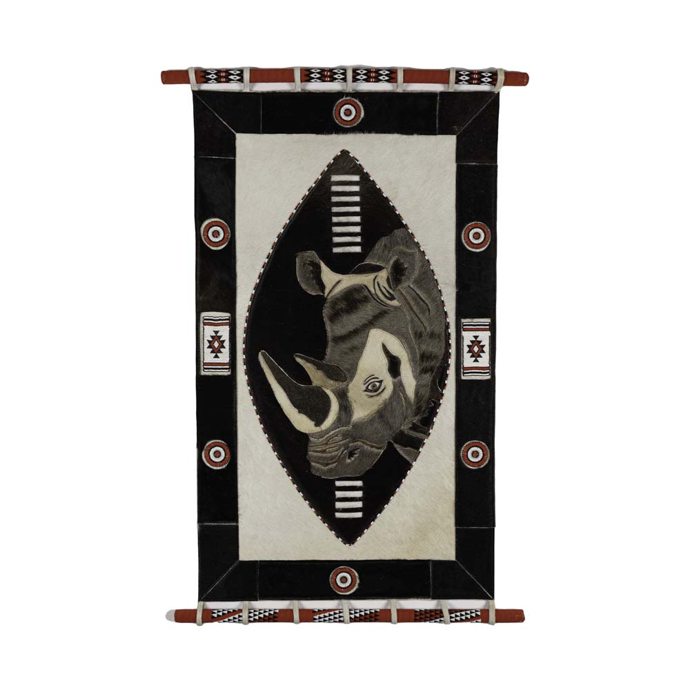 Rhino in Zulu Shield - Stitched Nguni Hide Wall Hanging Artwork