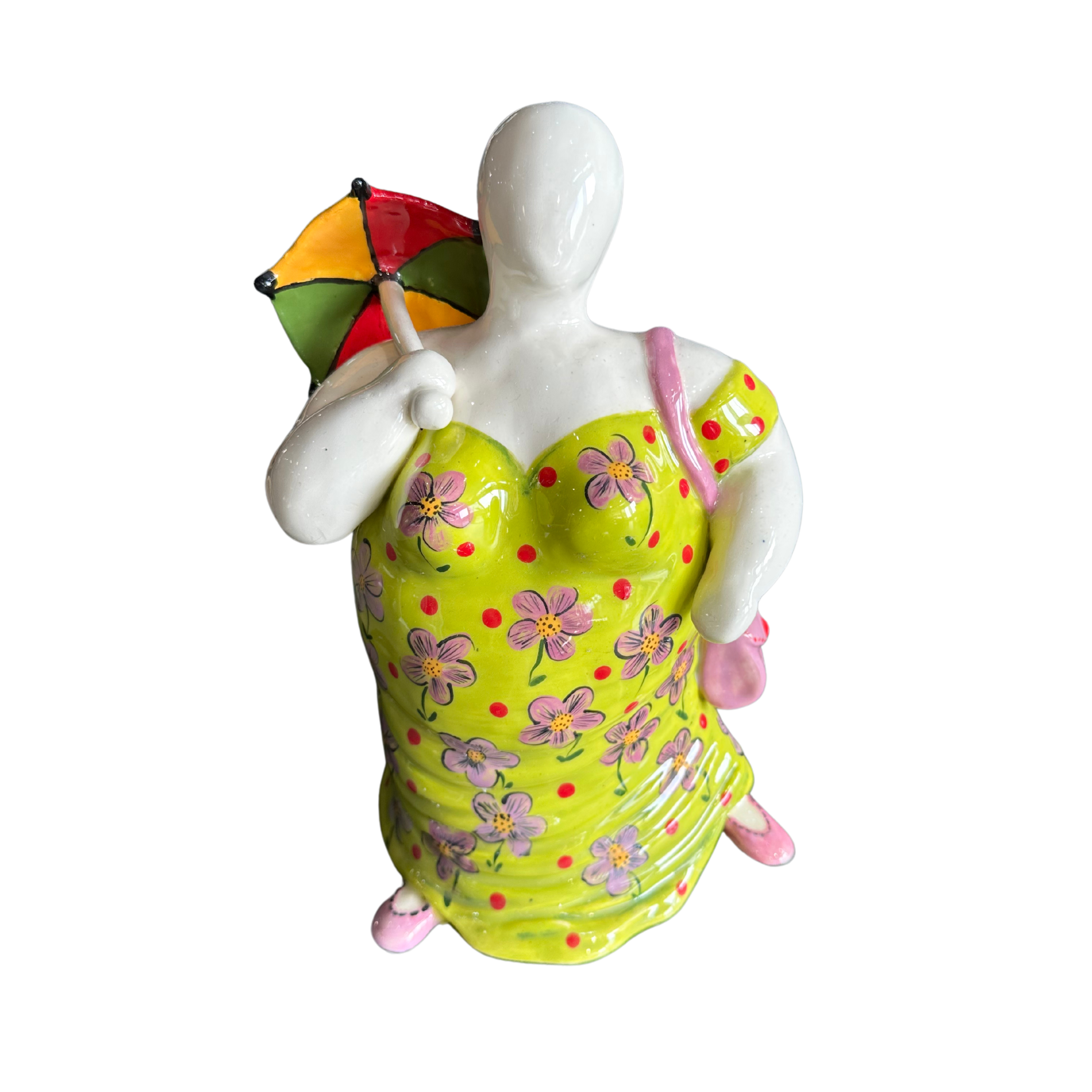 Standing Fat Lady With Green Floral Dress & Multicoloured Umbrella