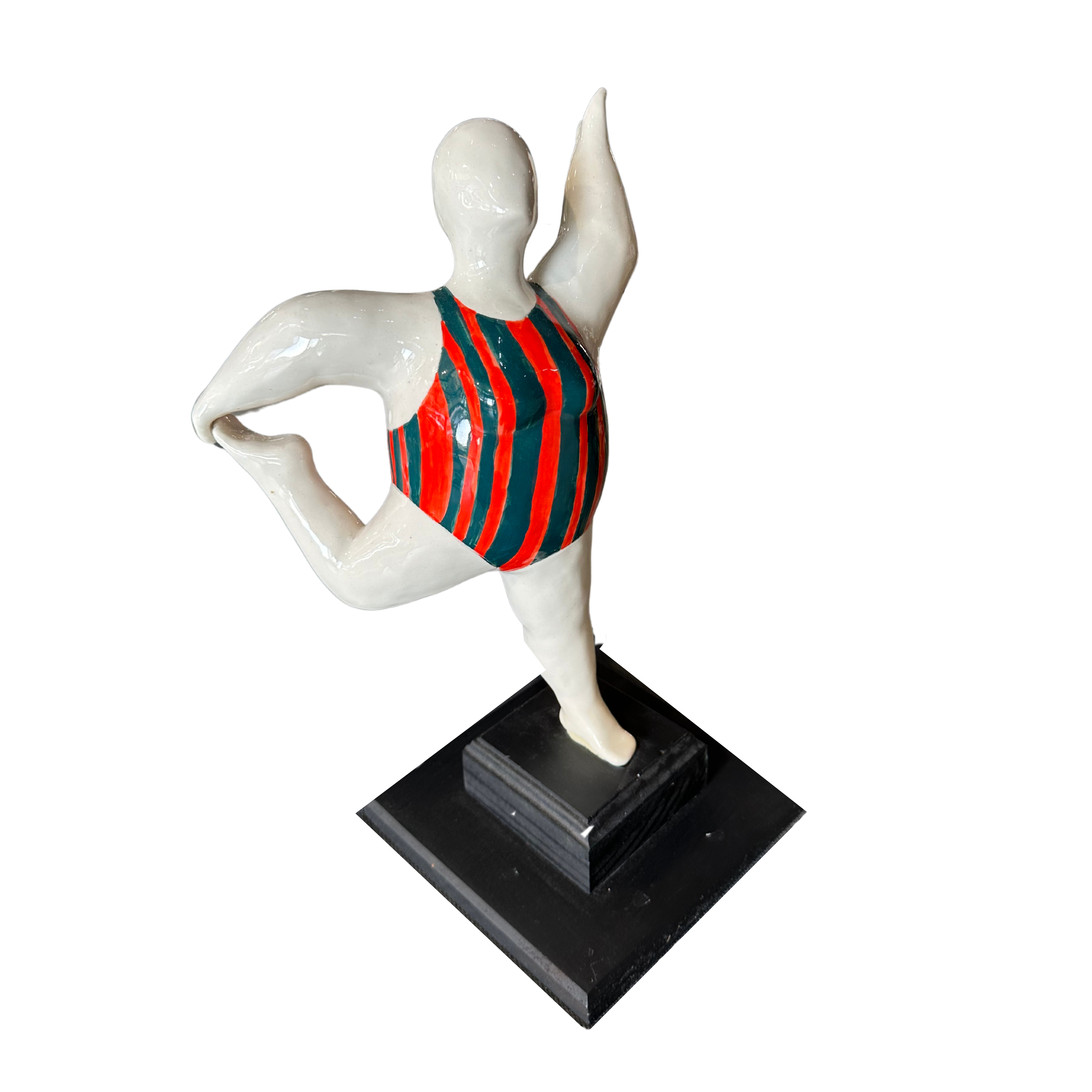 Beachy Ceramic Fat Lady Yoga Pose on a Plinth (Orange/Blue Full Costume)