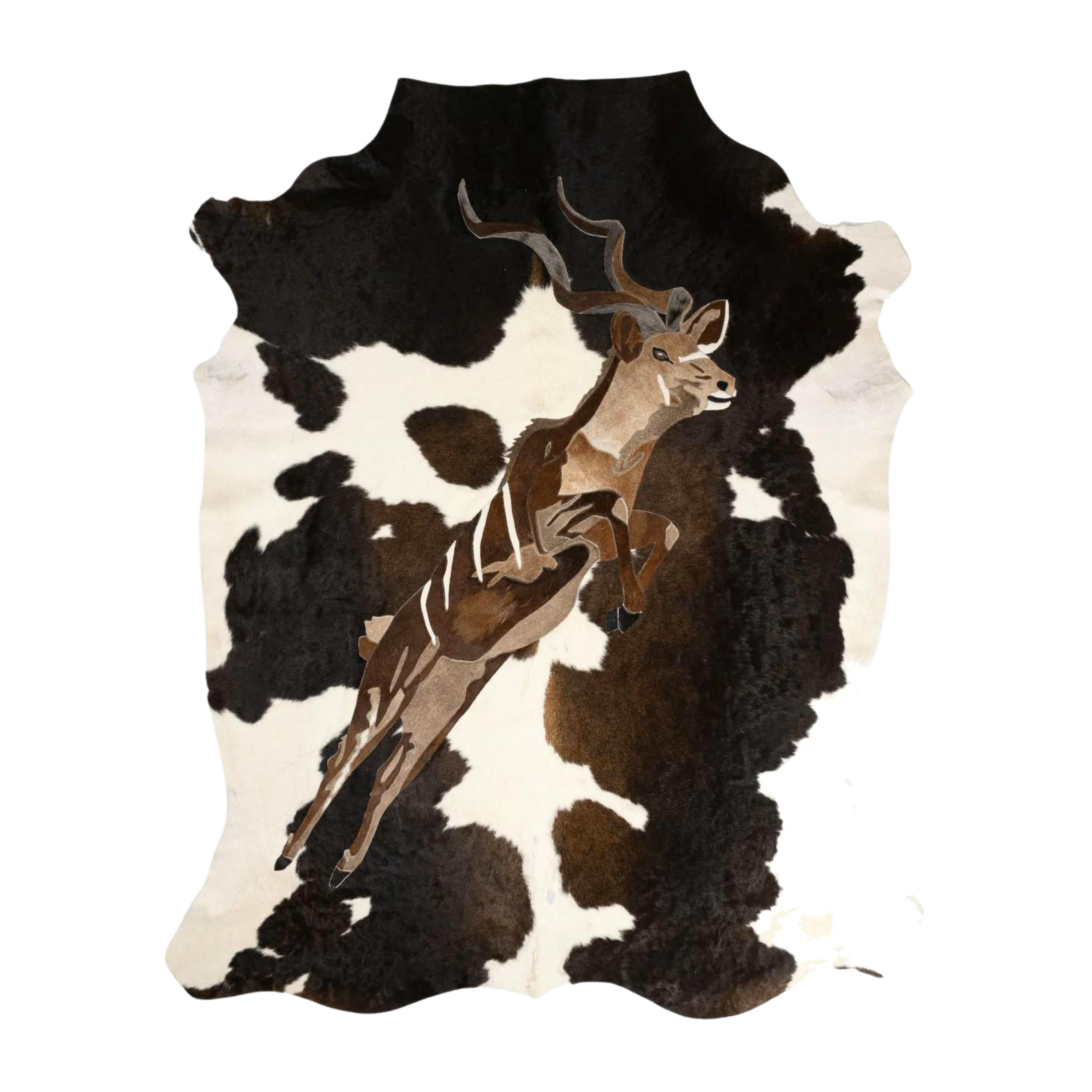 Kudu in Full Flight - Stitched Nguni Hide Artwork