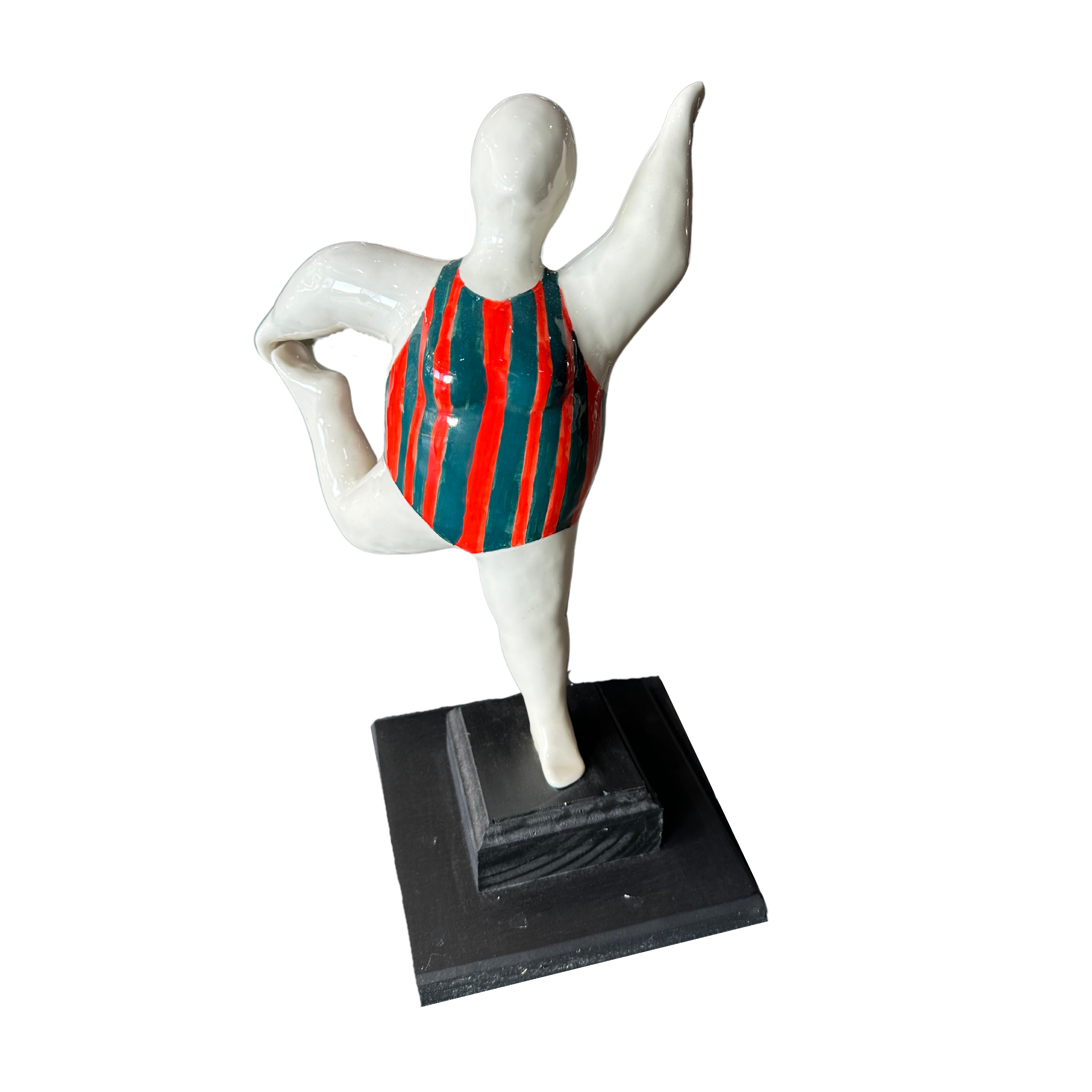 Beachy Ceramic Fat Lady Yoga Pose on a Plinth (Orange/Blue Full Costume)