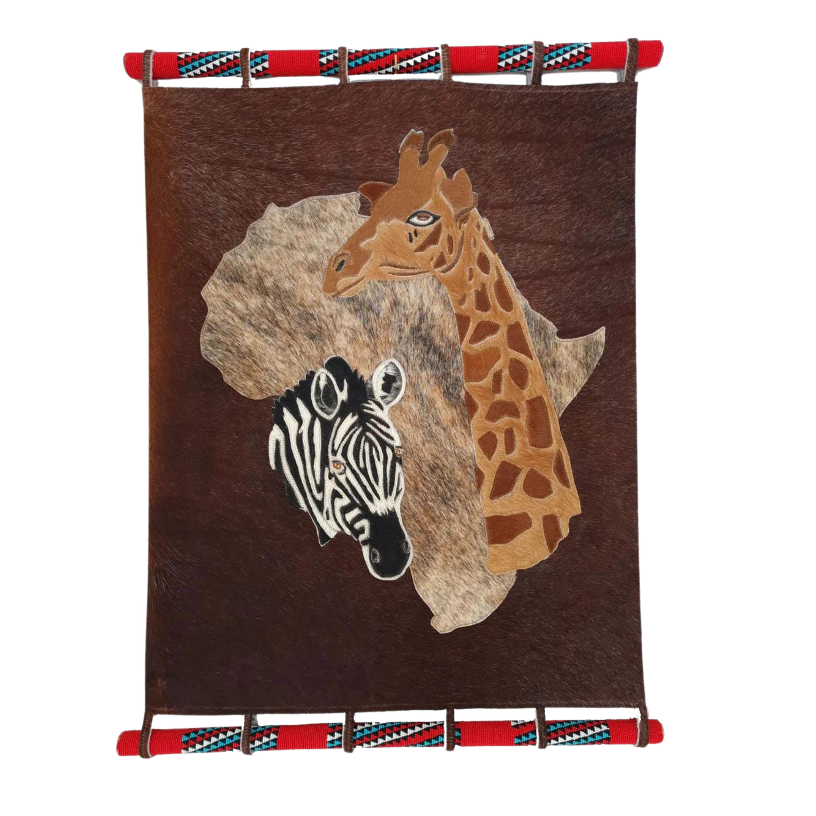 Giraffe & Zebra on Africa - Stitched Nguni Hide Wall Hanging Artwork