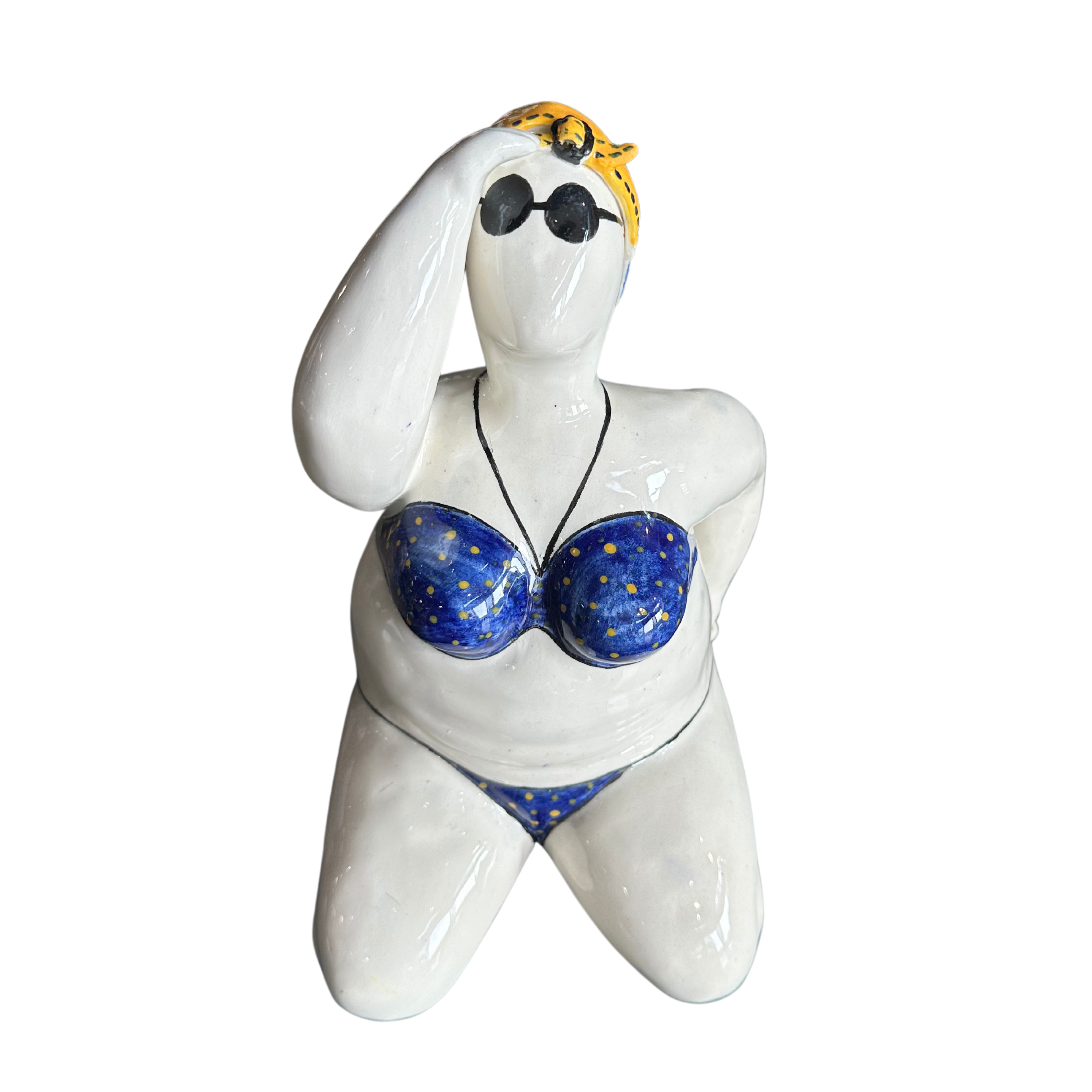 Large Fat Lady Looking Out With Blue Polkadot Bikini and Backwards Yellow Cap