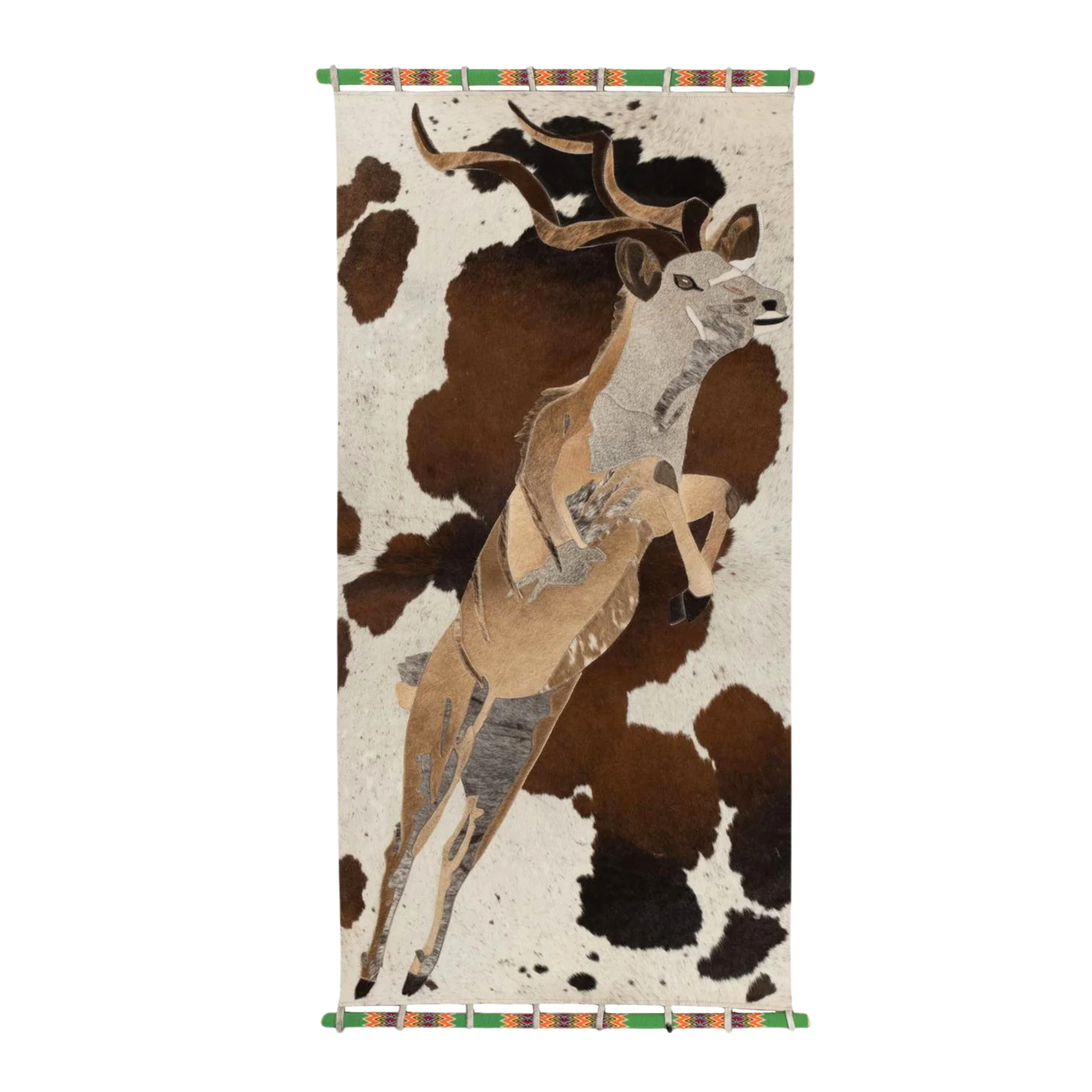 Kudu in Full Flight - Stitched Nguni Hide Wall Hanging Artwork (Large)