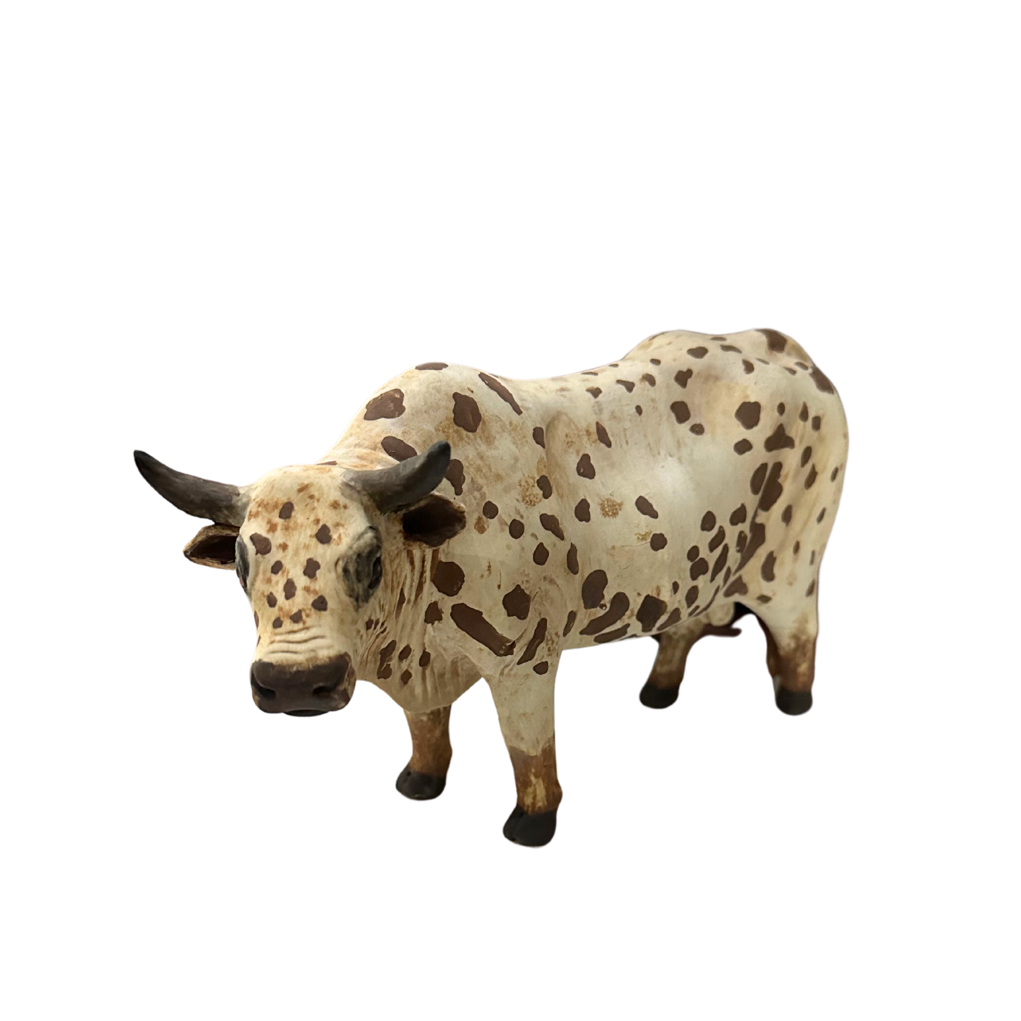 Pit-fired Spotted Nguni Bull Statue Spotted