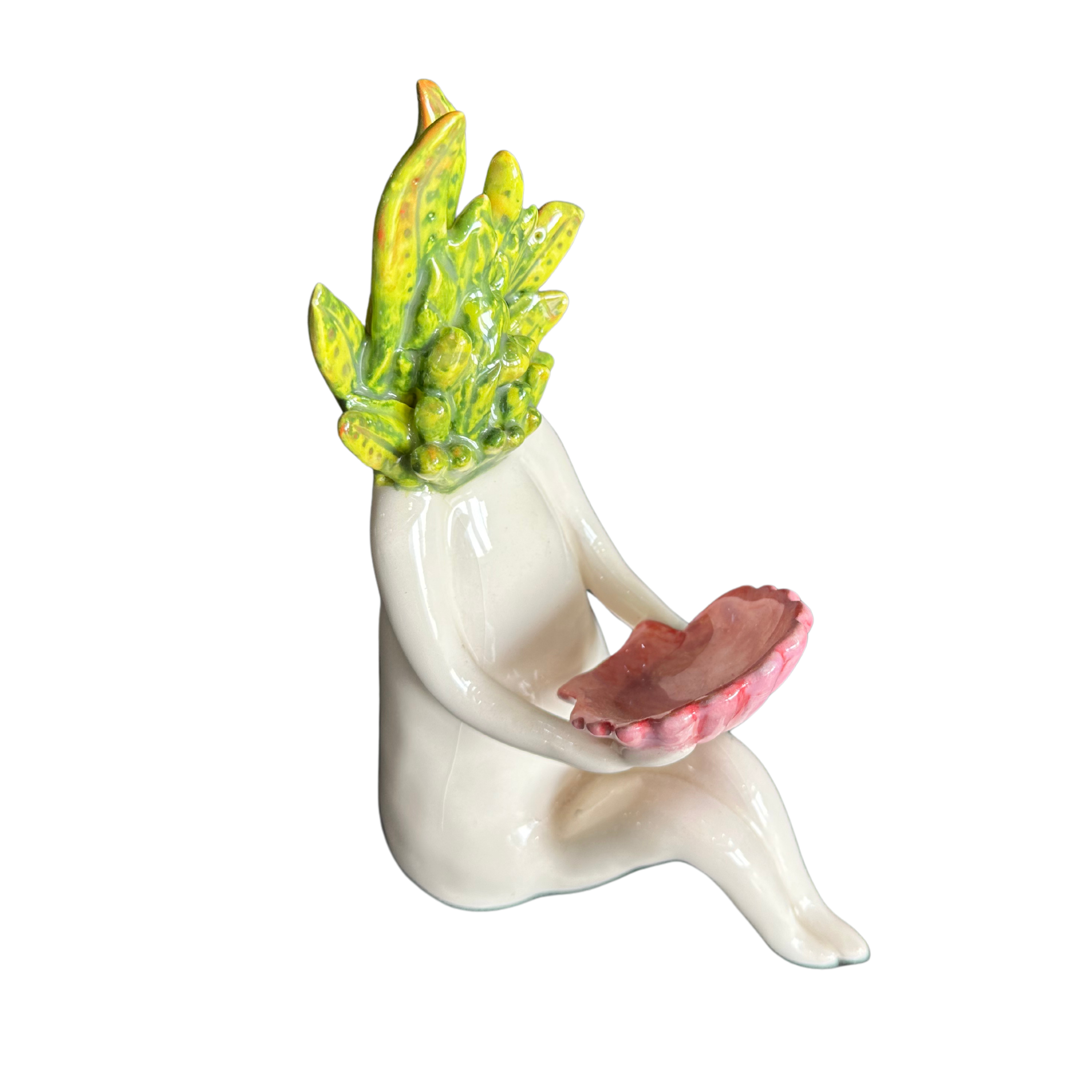 Medium Ceramic Statue With Seaweed Head & Pink Shell in Hands - Fantasea Range