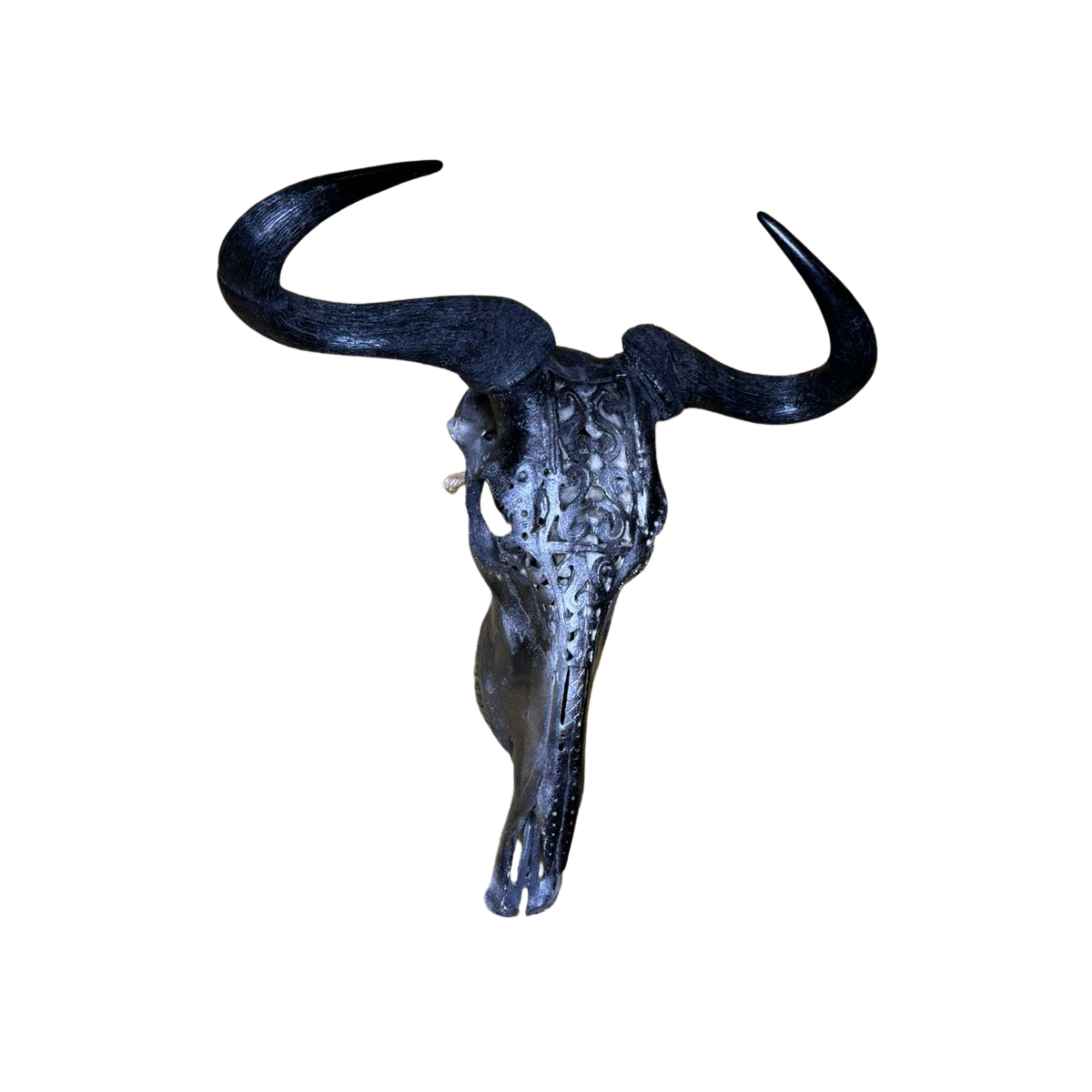 Metallic Carved Blue Wildebeest Skull
