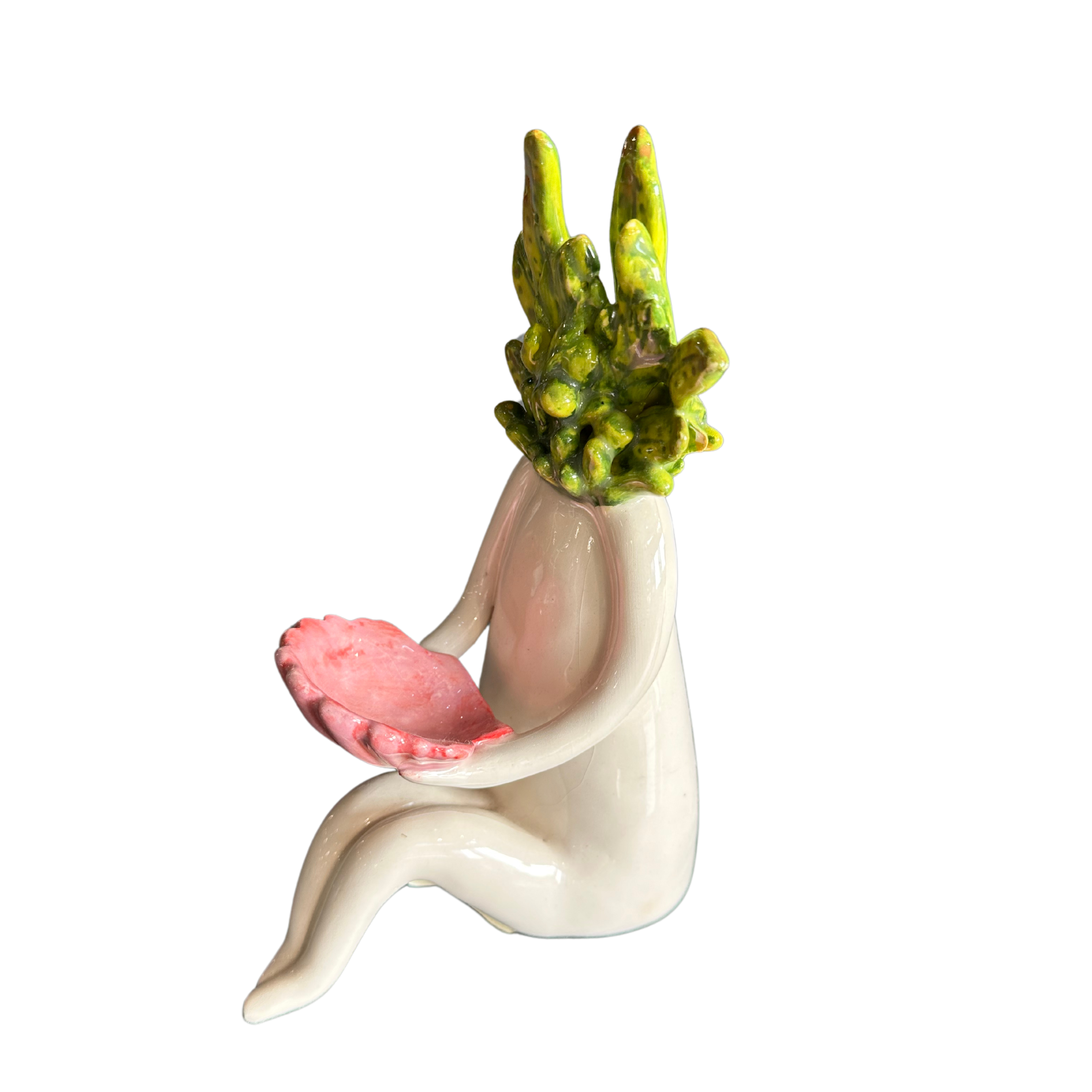 Medium Ceramic Statue With Seaweed Head & Pink Shell in Hands - Fantasea Range