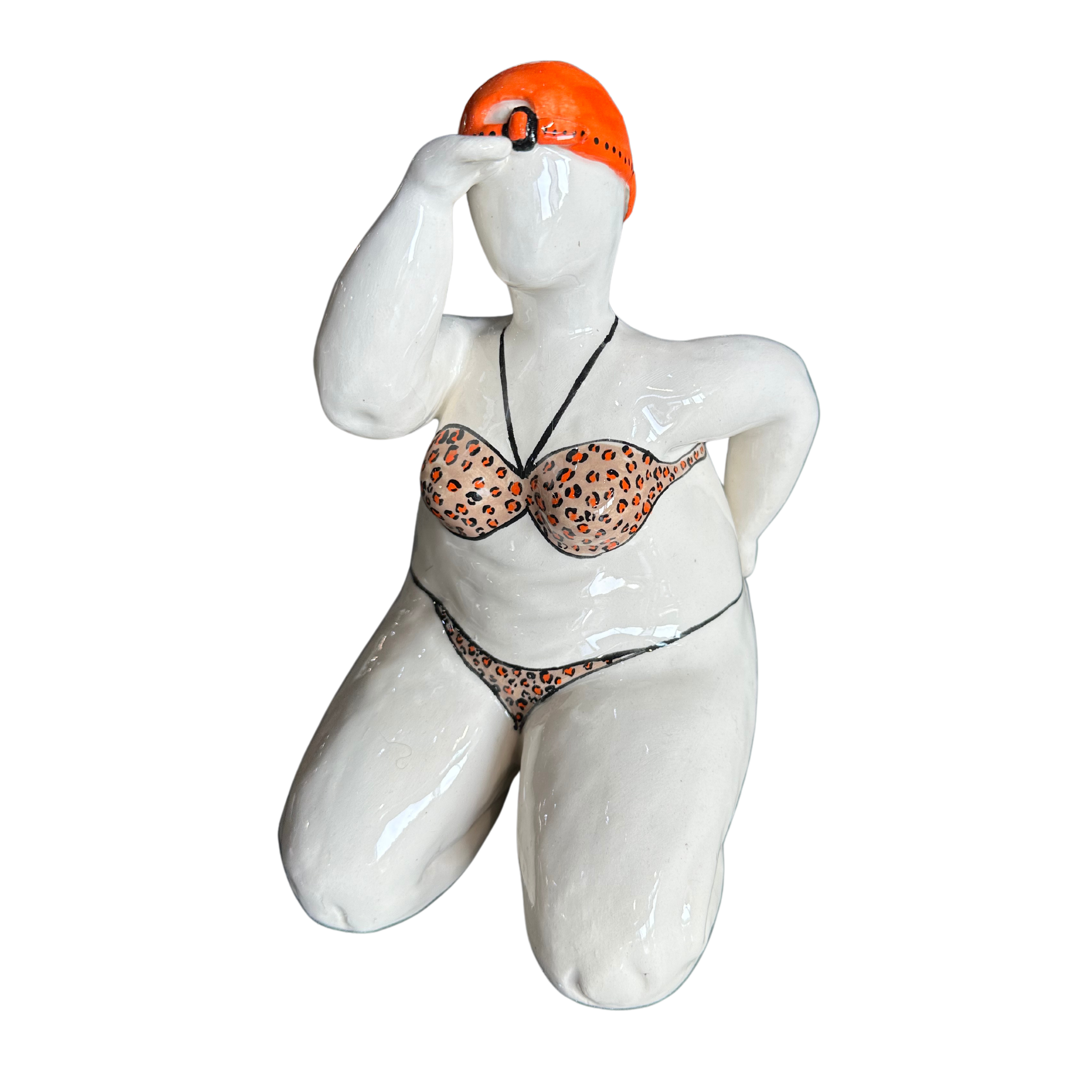 Large Fat Lady Looking Out With Beige & Orange Polkadot Bikini & Orange Backwards Cap