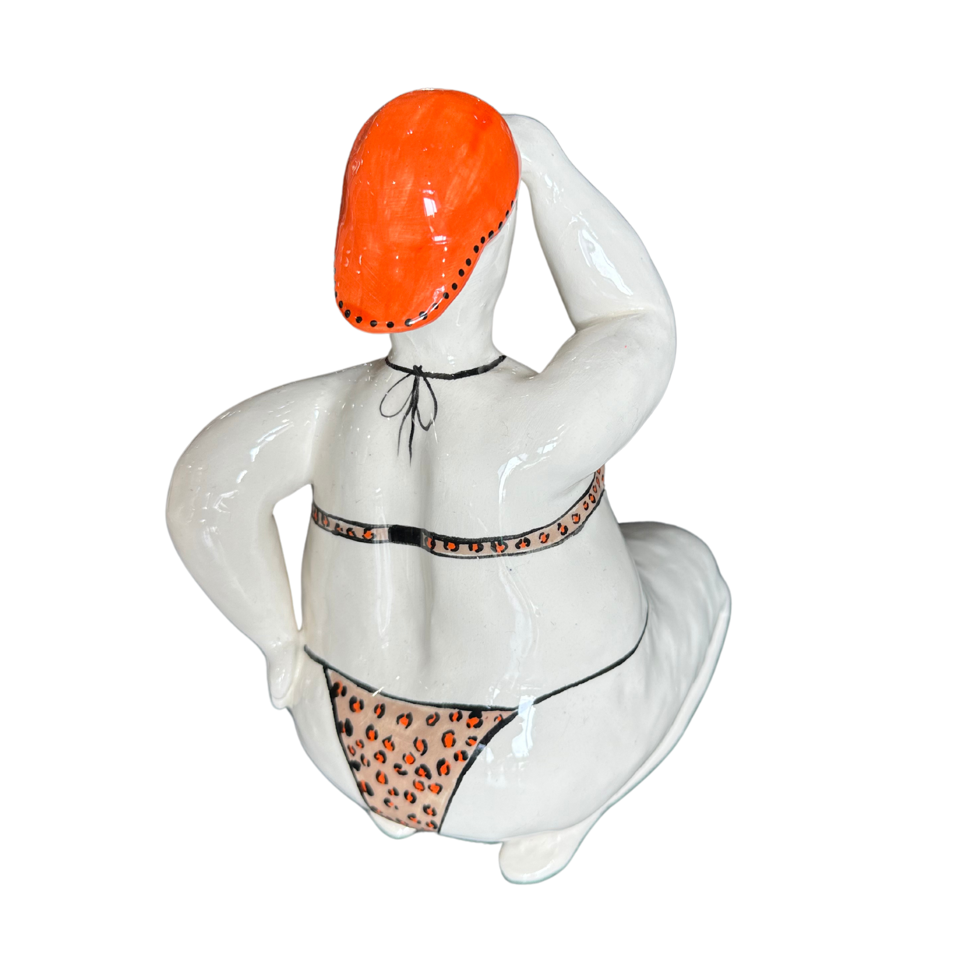 Large Fat Lady Looking Out With Beige & Orange Polkadot Bikini & Orange Backwards Cap