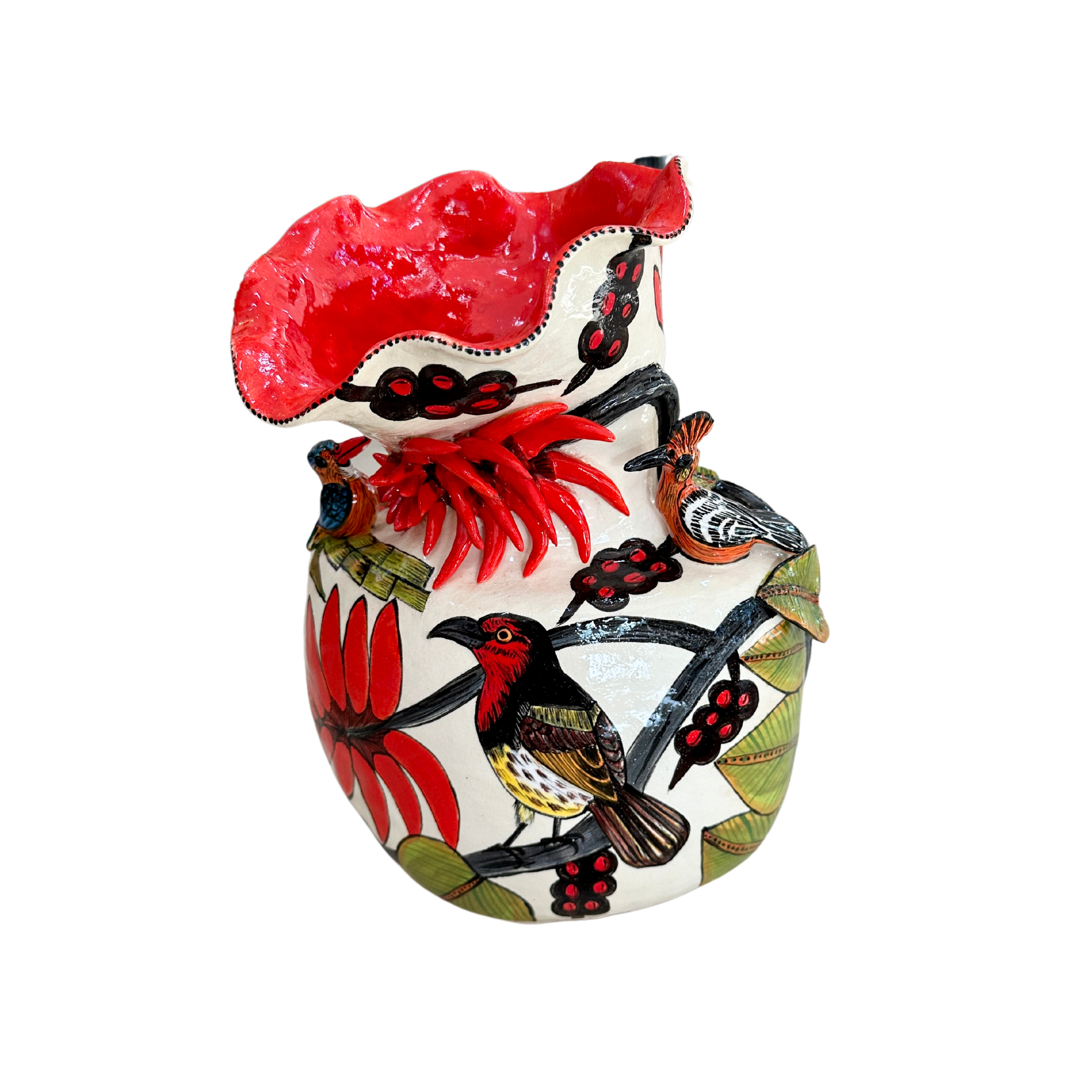 Red Birds - Large Hand Painted 3D Ceramic Vase