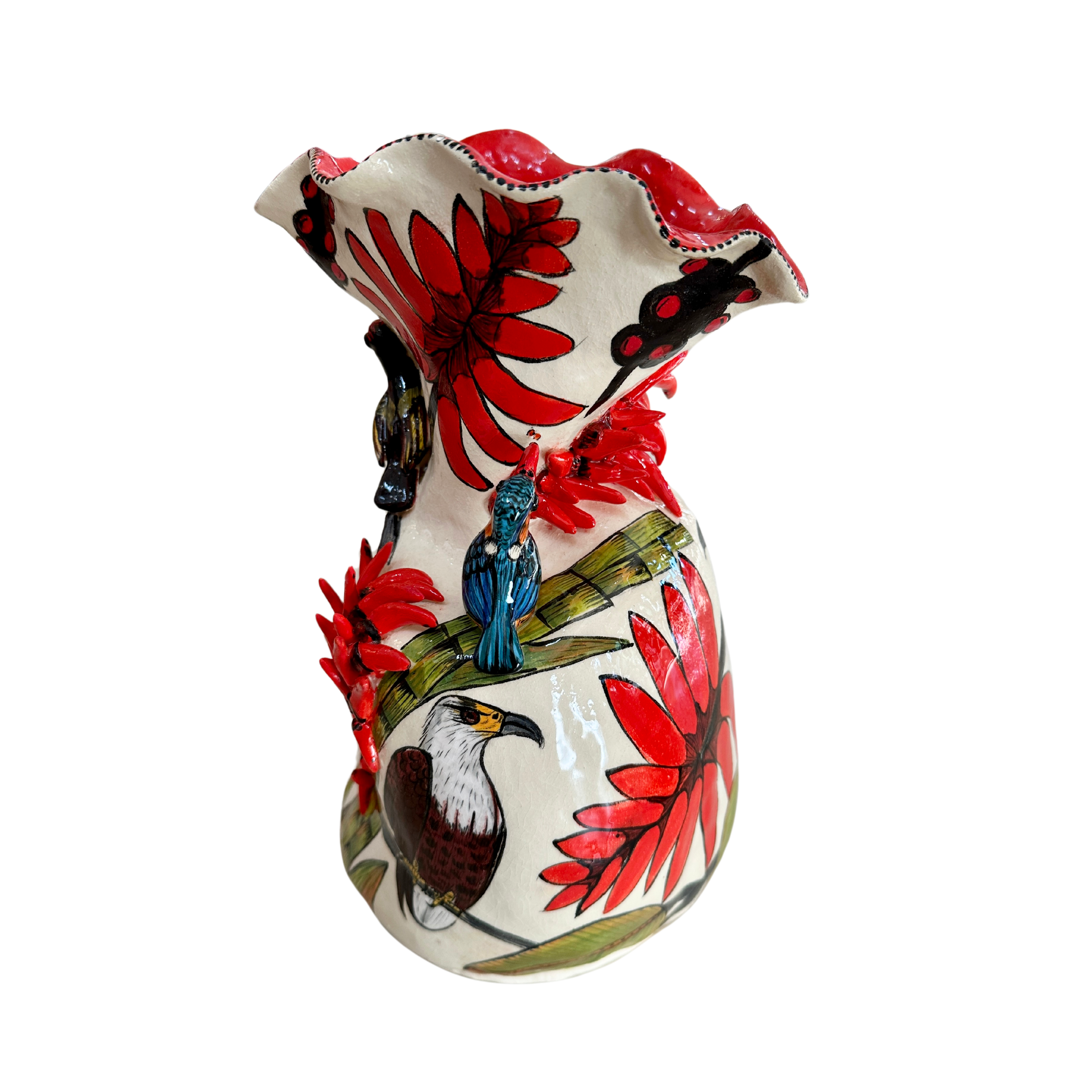 Red Birds - Large Hand Painted 3D Ceramic Vase