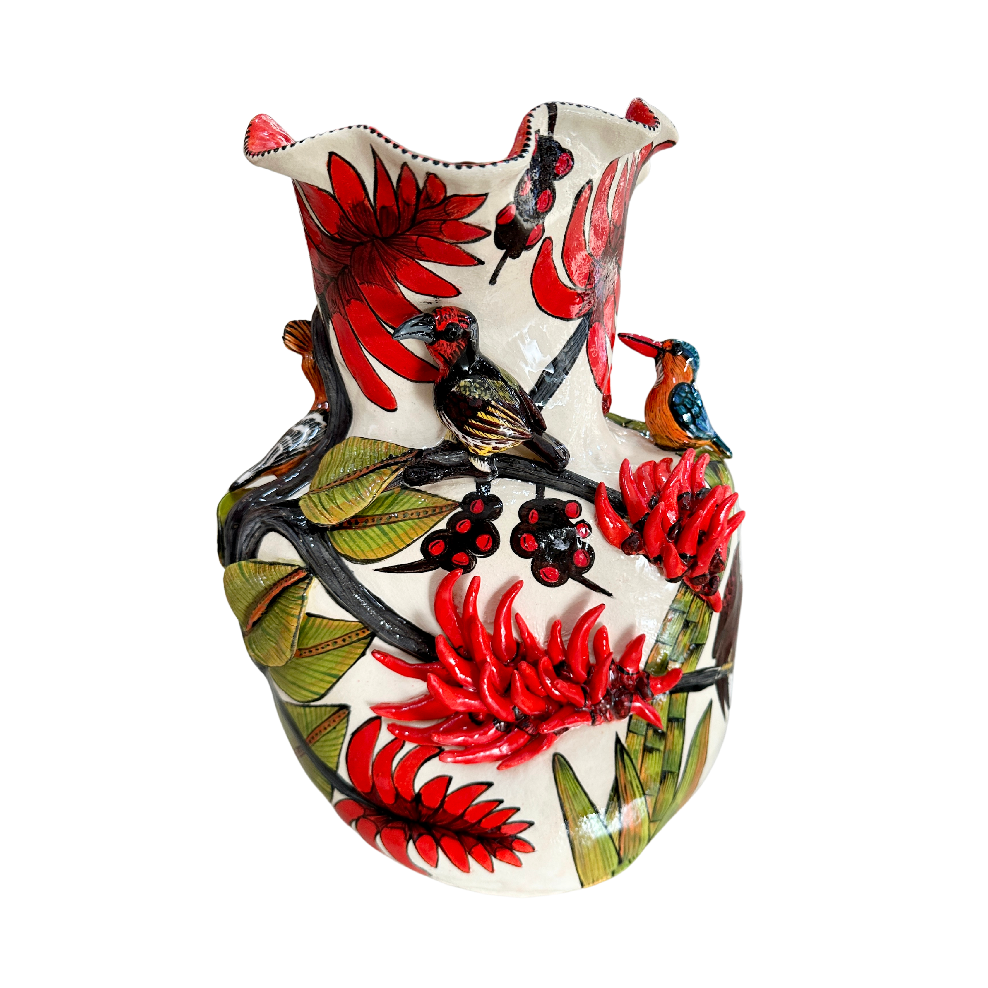 Red Birds - Large Hand Painted 3D Ceramic Vase