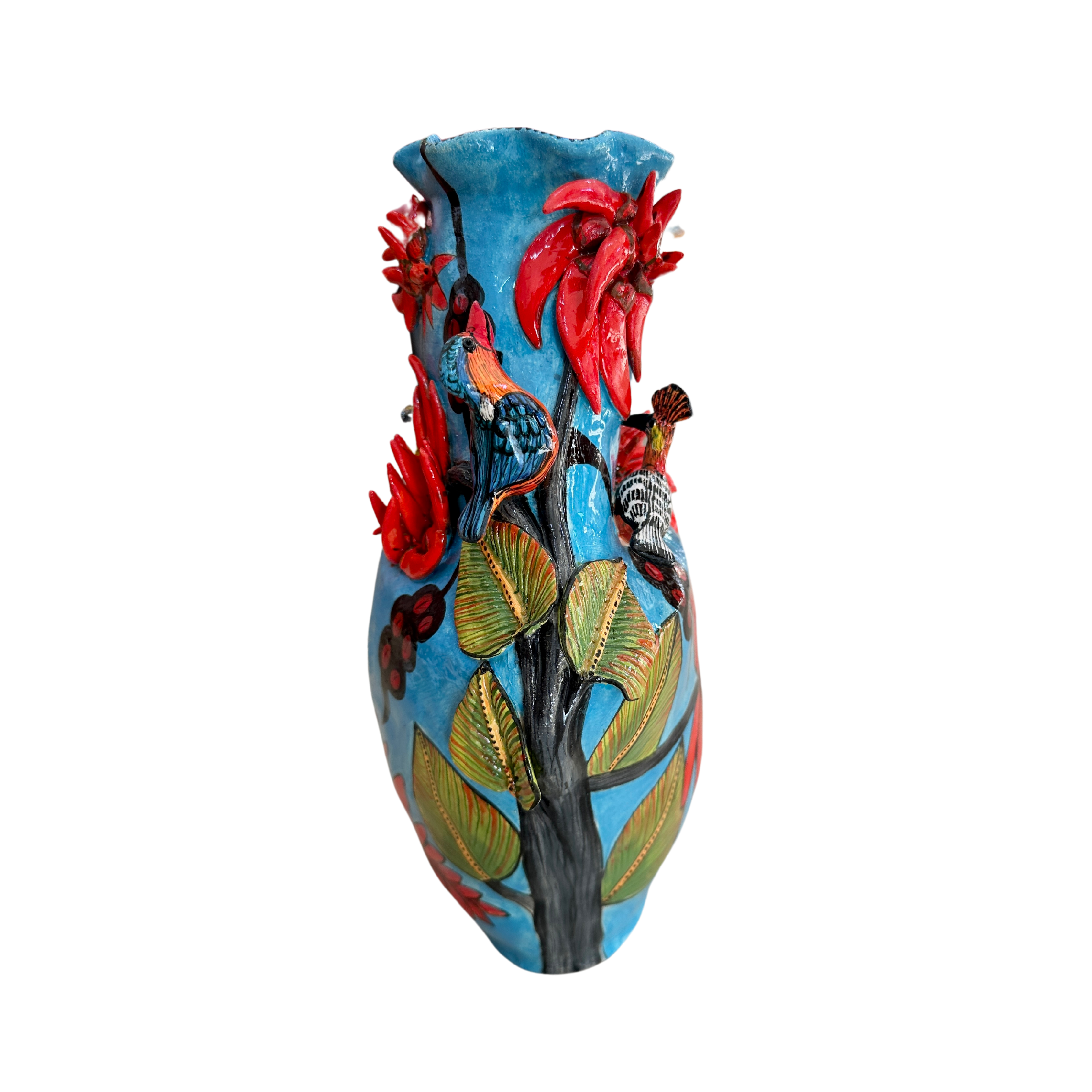 Blue Birds - Large Hand Painted 3D Ceramic Vase