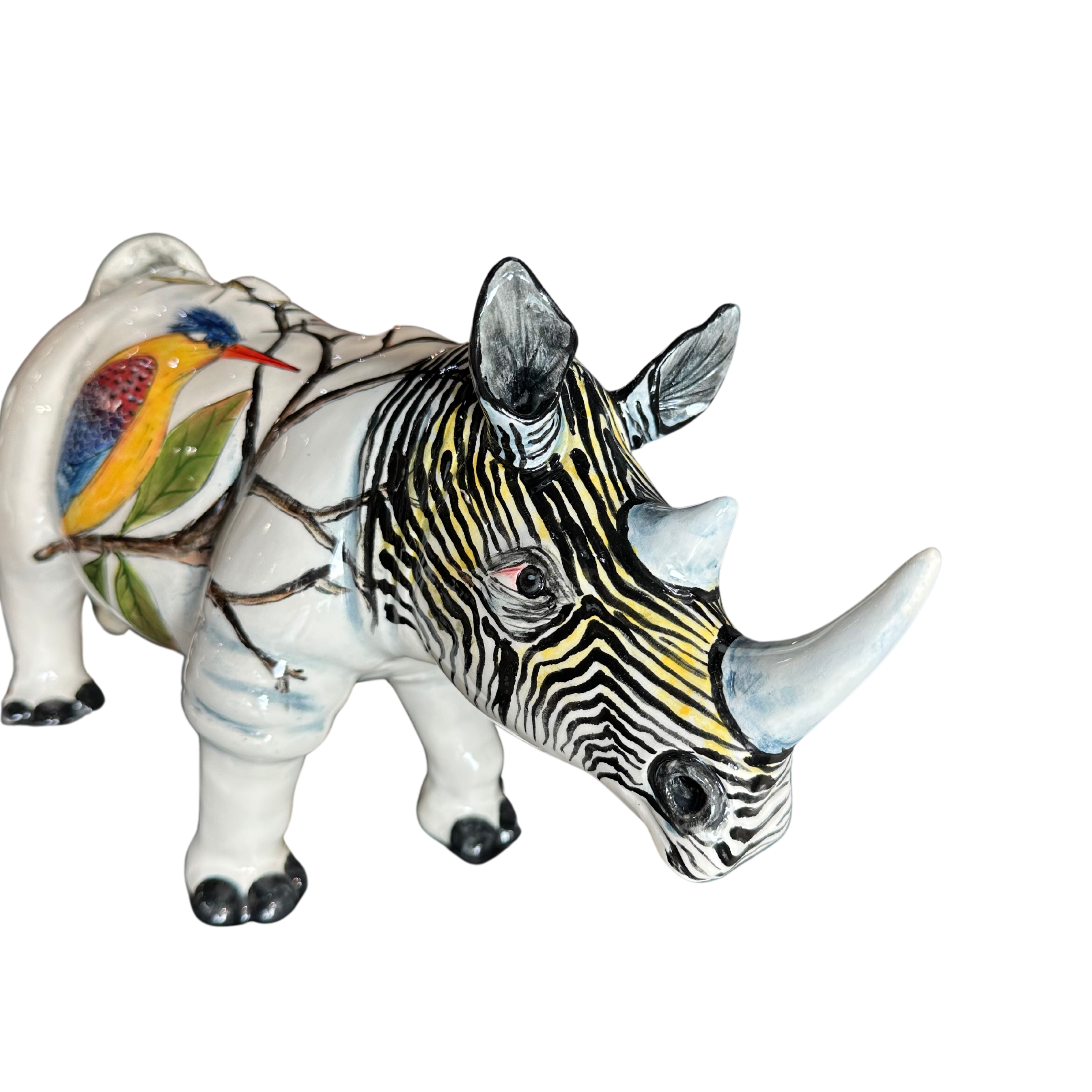 Large Hand Painted Ceramic Rhino With Zebra Face & Kingfishers
