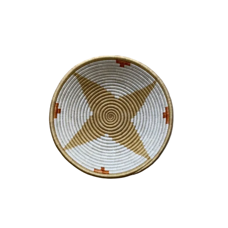 Large Handwoven Rwandan Basket - Beige & Cream Patterns (28cm)
