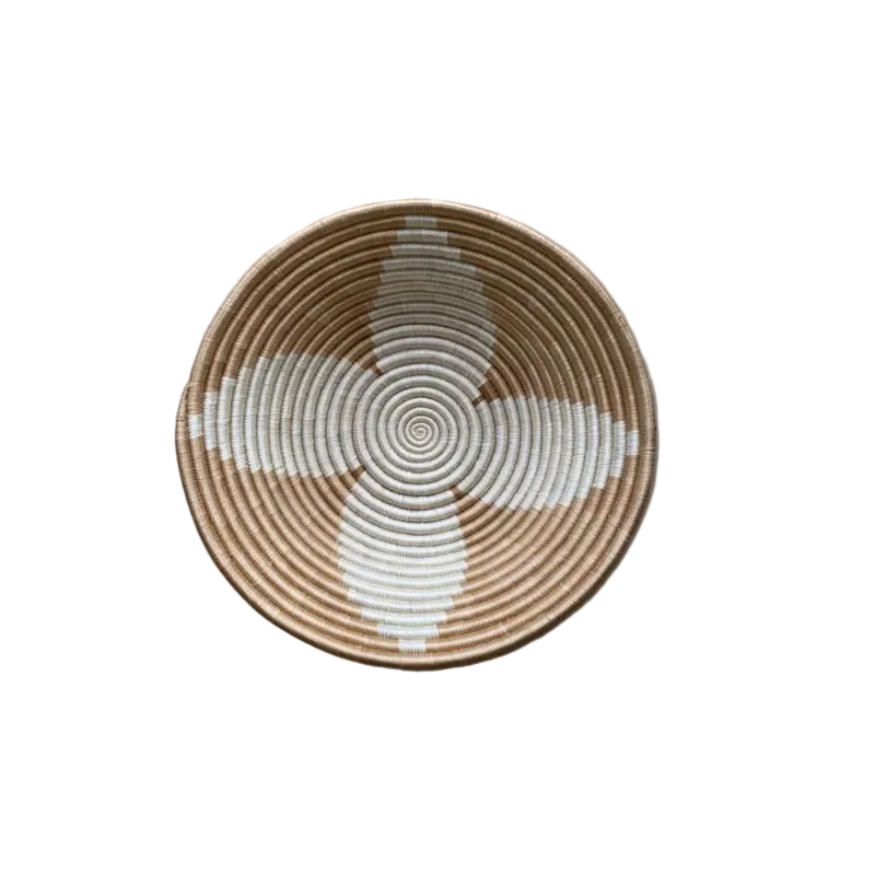 Large Handwoven Rwandan Basket - Beige & Cream Patterns (28cm)