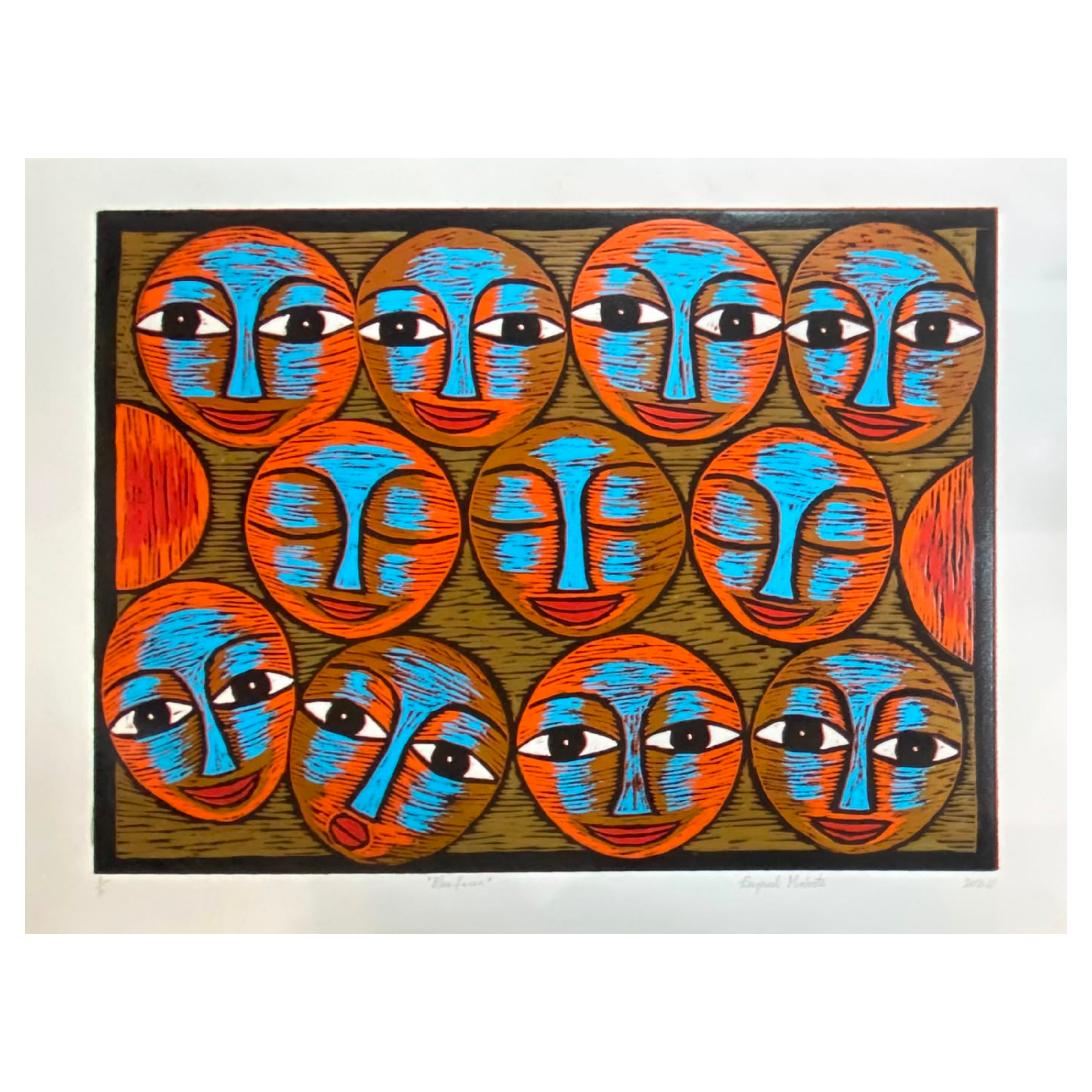 Mabote Art  Woodprint Painting - Blue Faces