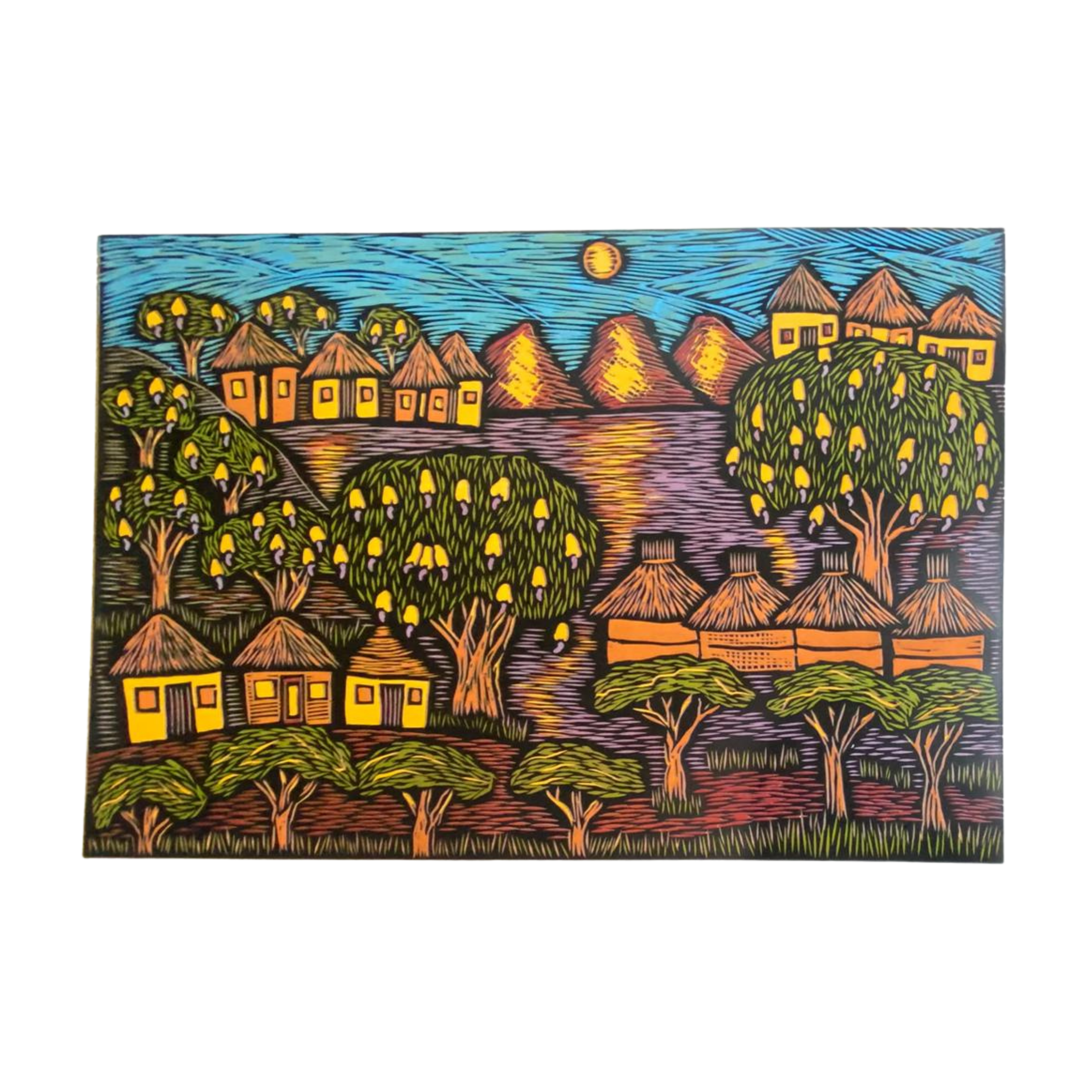 Mabote Art Woodprint Painting - CashewNut Village