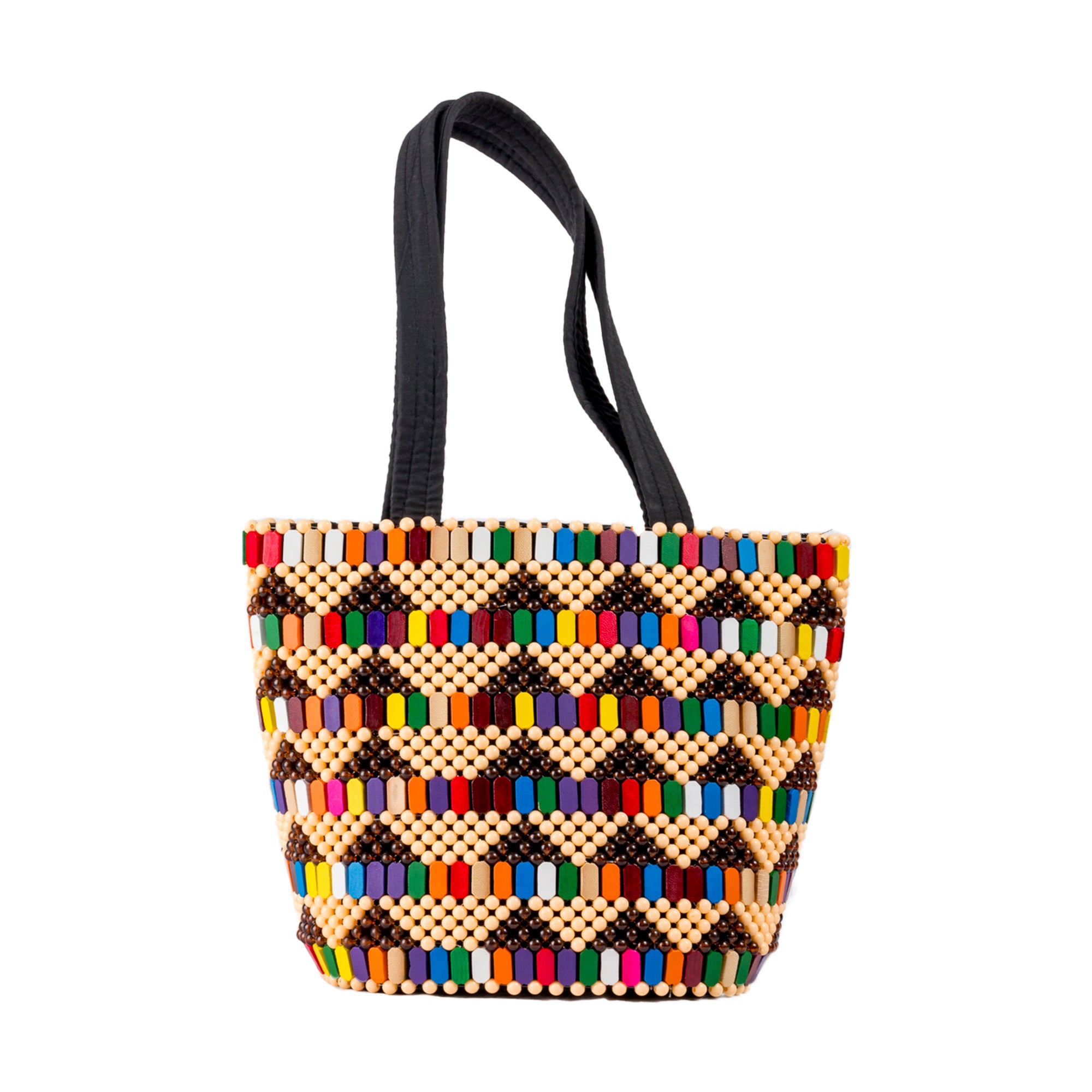 Colorful African luxury handwoven wood & bead bag/purse of high quality, ideal for buy all occasions + casual outings (Round-base)