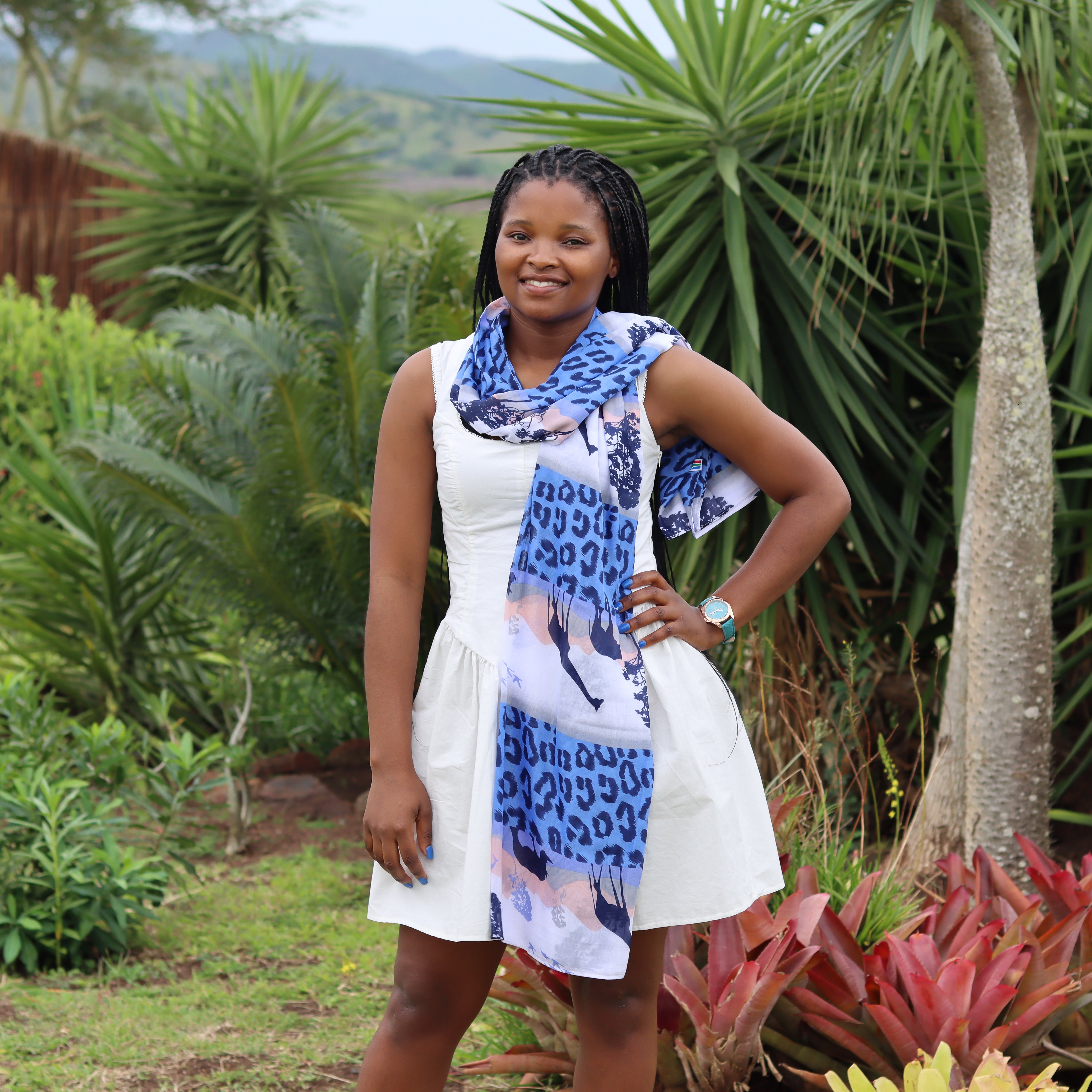 Blue & White Leopard Print Giraffe & Elephant Scarf