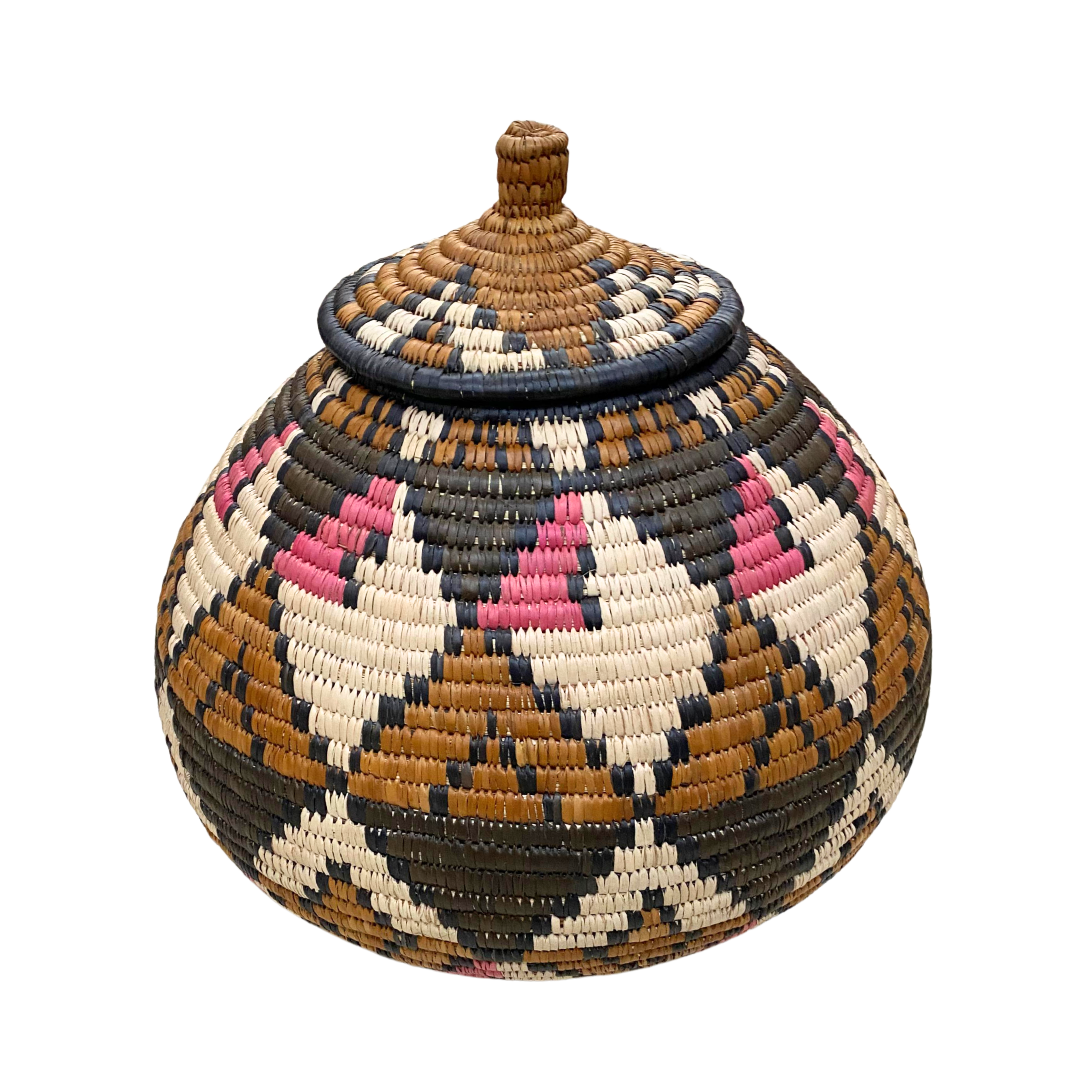 Hand Woven Fat Lady Diamonds Basket (Cream, Dark Brown, Pink & Brown)