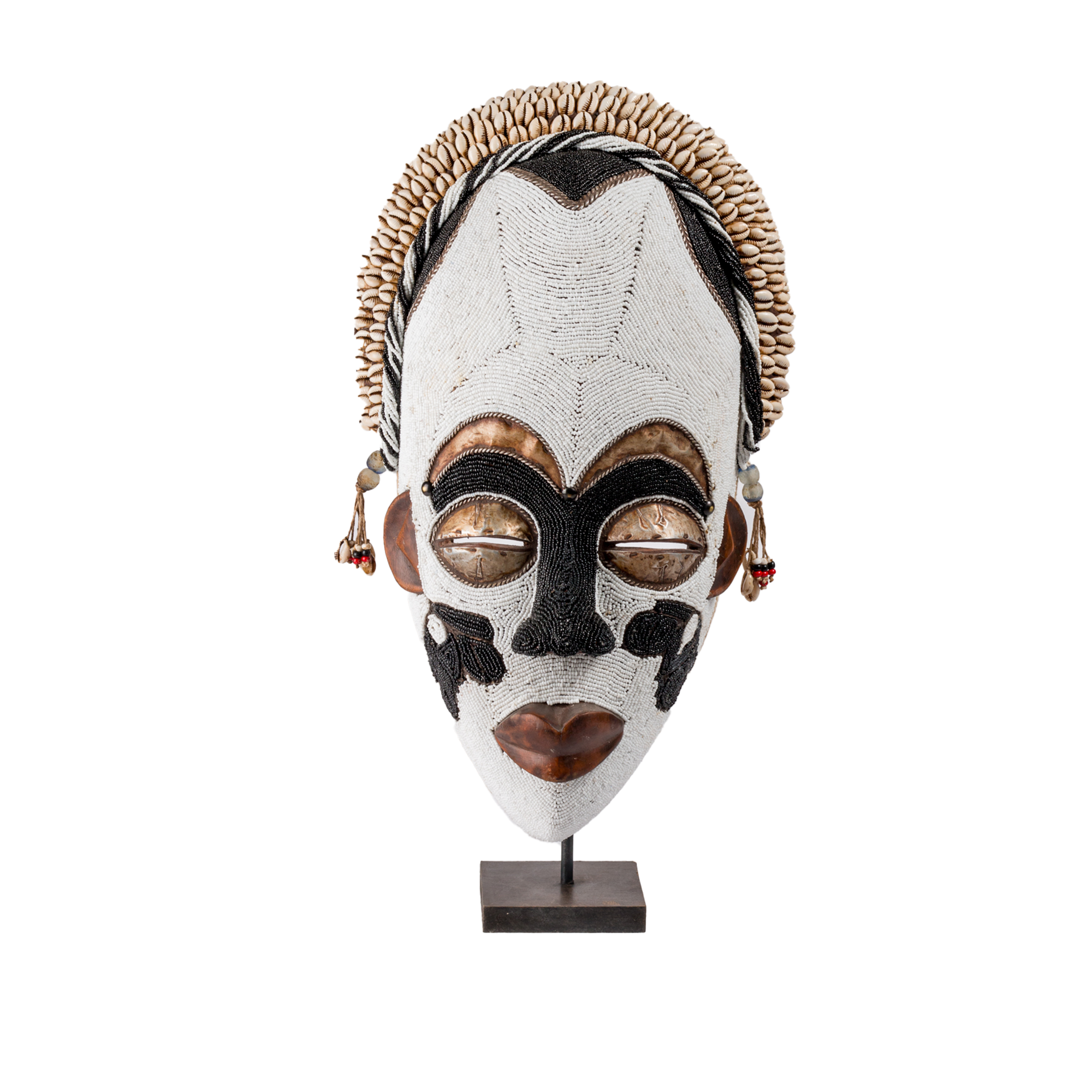 White Beaded Punu Lumbo Mask On Stand (L)