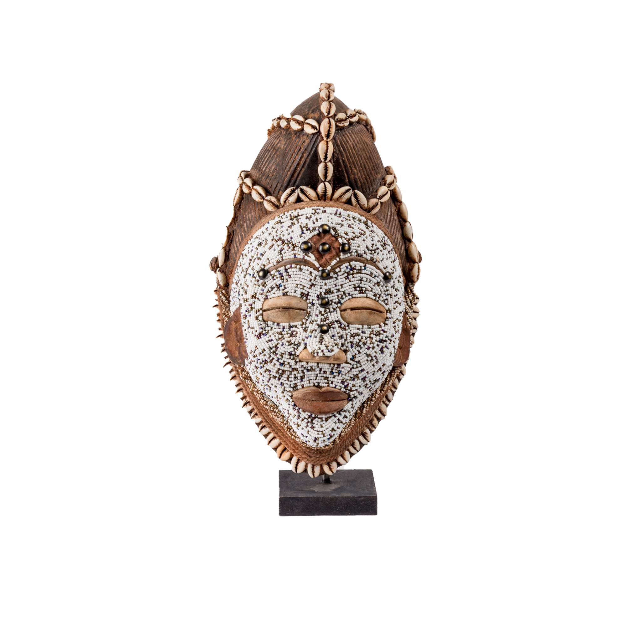 White Beaded Punu Lumbo Mask On Stand (M)