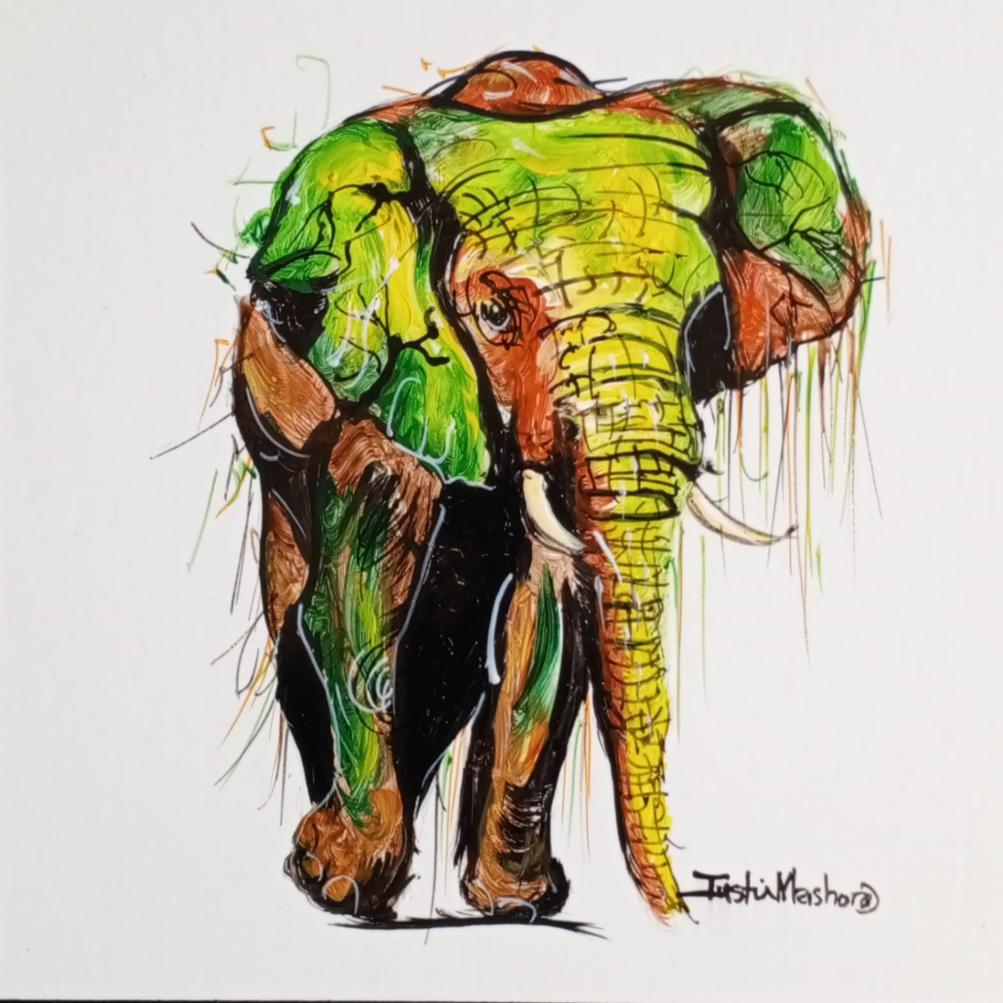 Justin Mashora Masonite Painting - Elephant (25cm x 25cm)