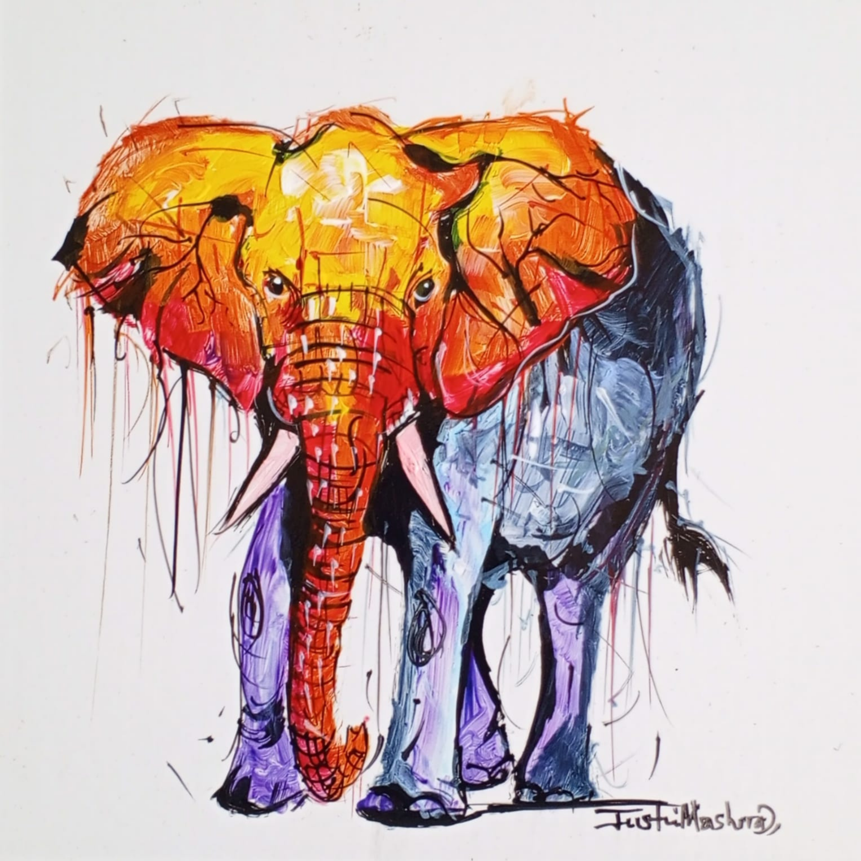 Justin Mashora Masonite Painting - Elephant (25cm x 25cm)