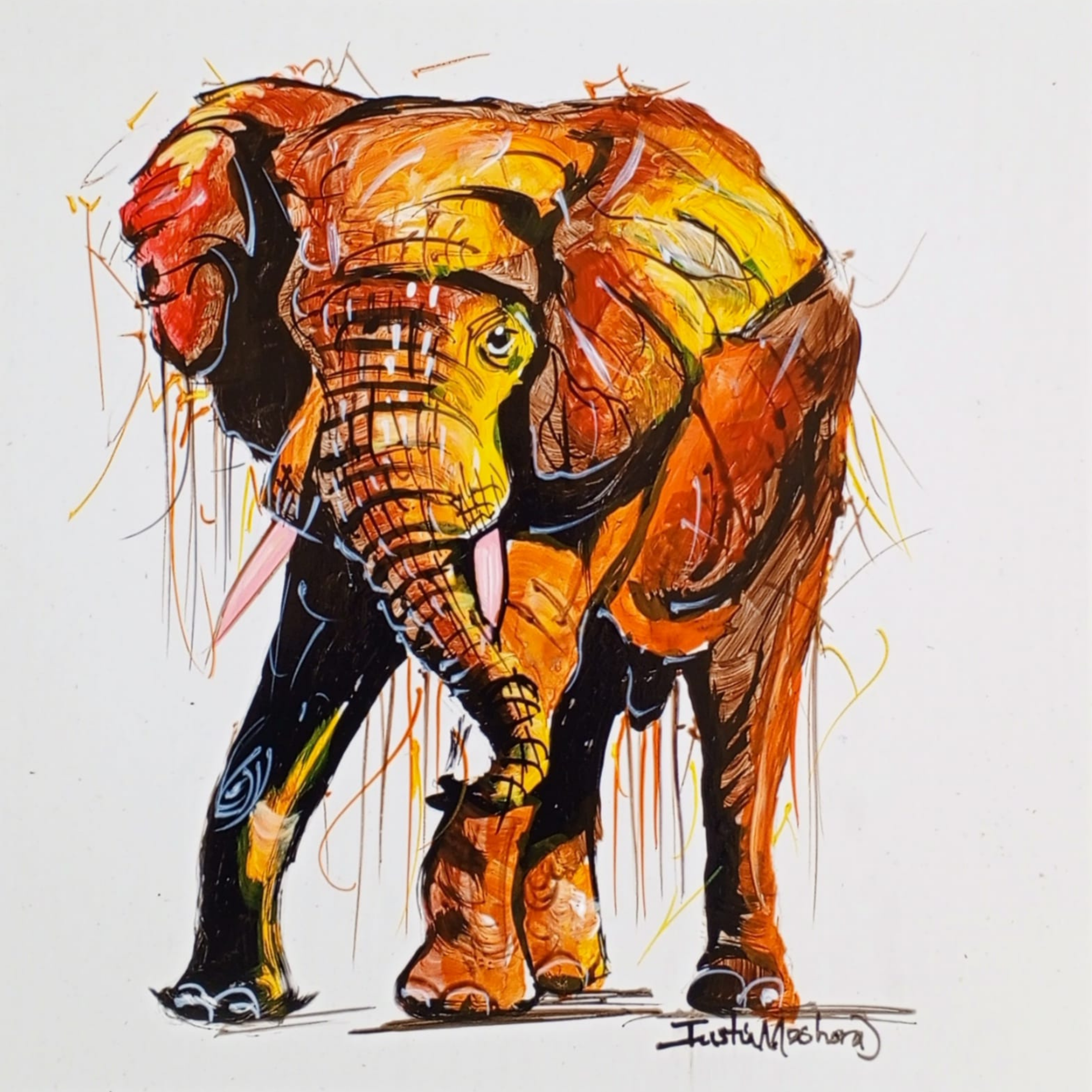 Justin Mashora Masonite Painting - Elephant (25cm x 25cm)