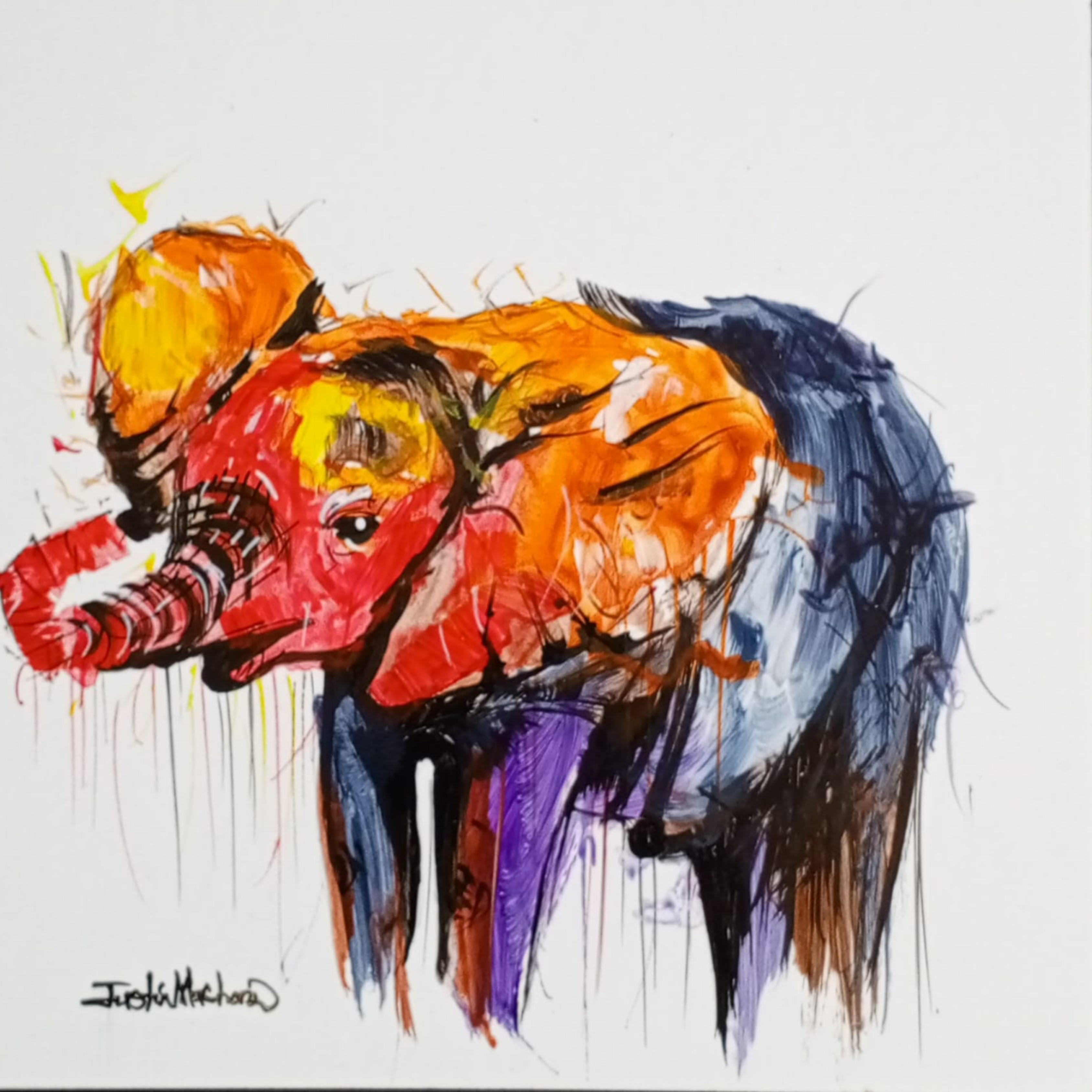 Justin Mashora Masonite Painting - Elephant (25cm x 25cm)