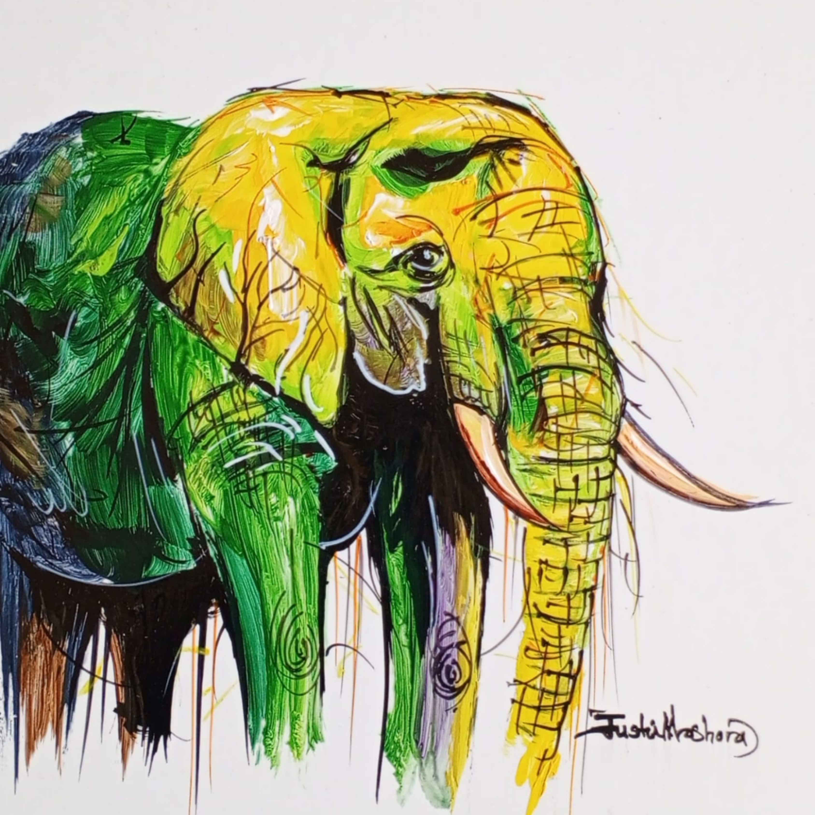 Justin Mashora Masonite Painting - Elephant (25cm x 25cm)