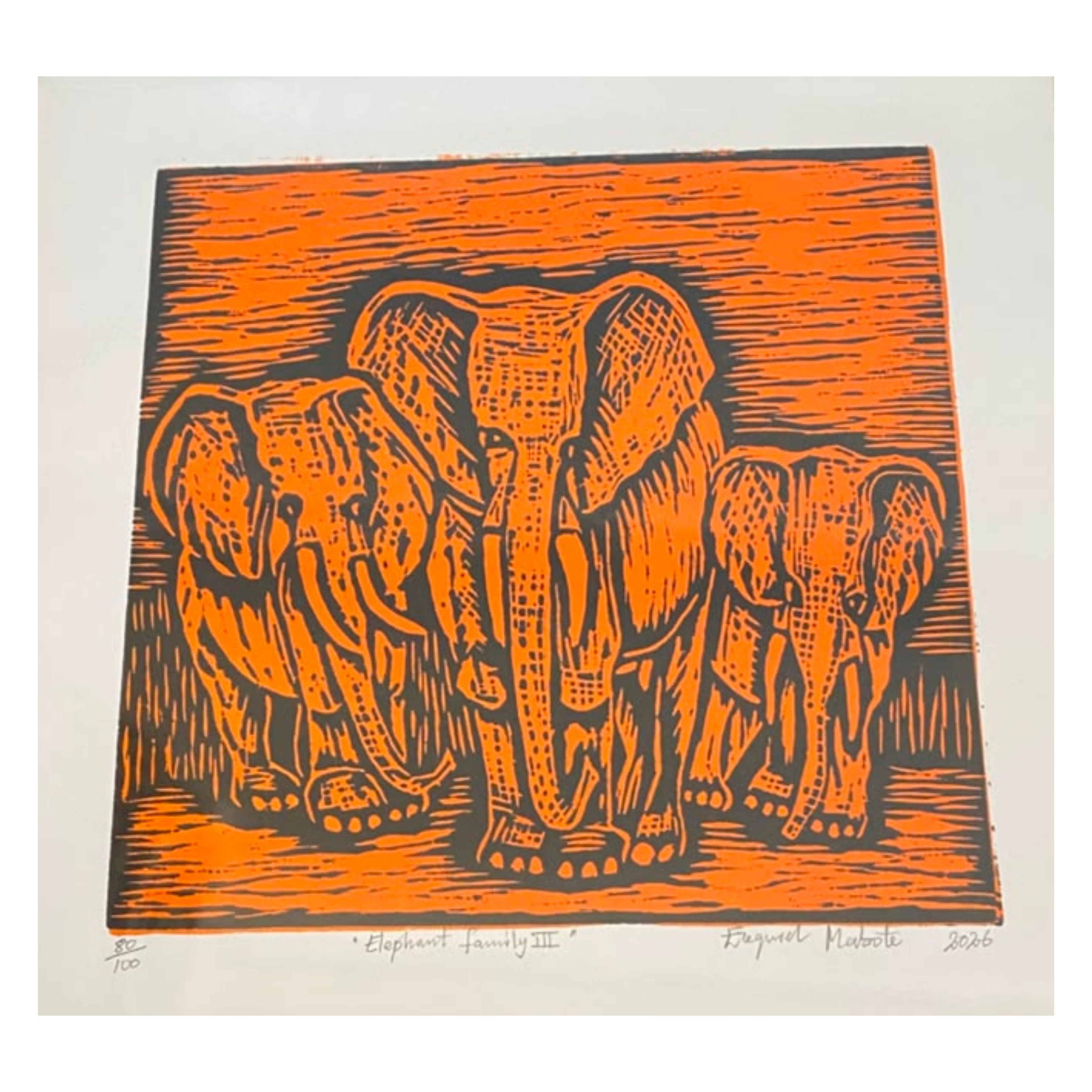 Mabote Art Woodprint Painting - Elephant Family