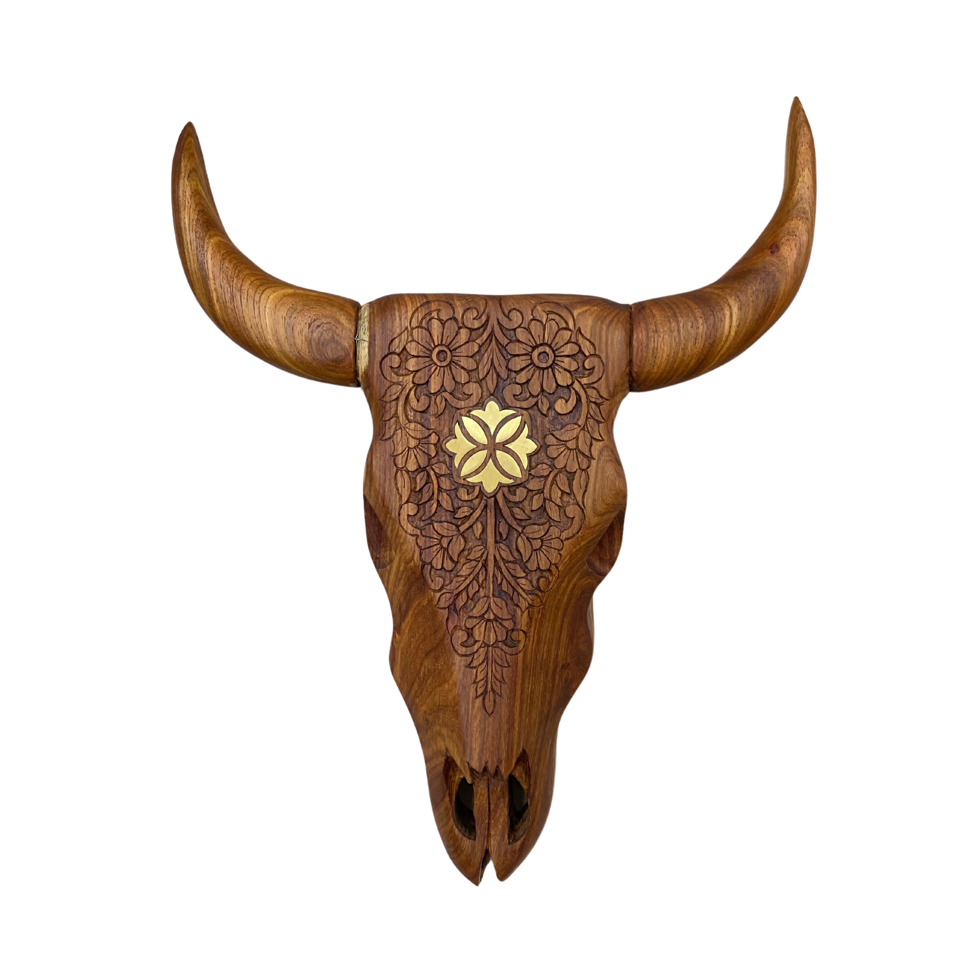 Hand Carved Bull Skull With Brass Inlay