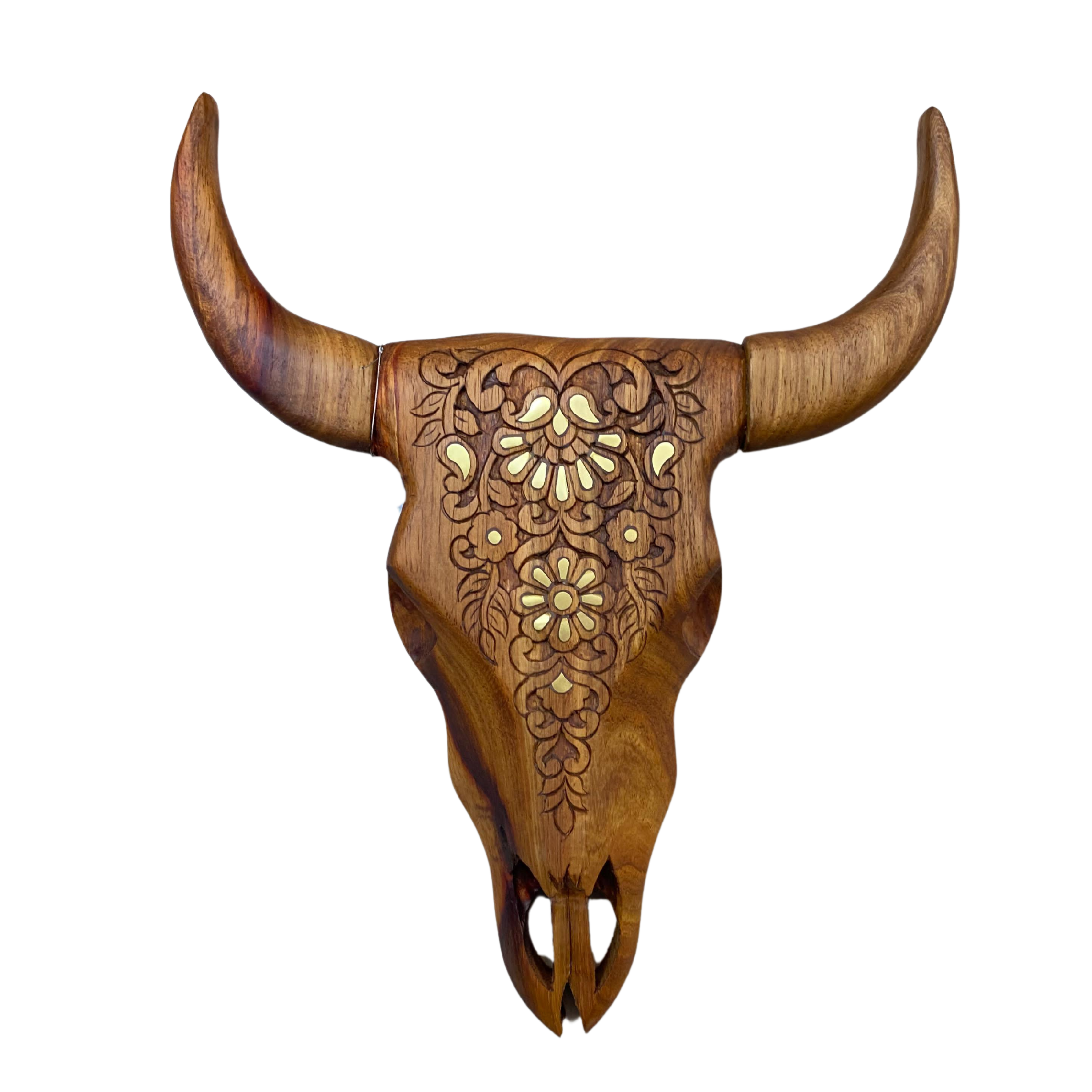 Hand Carved Bull Skull With Brass Inlay