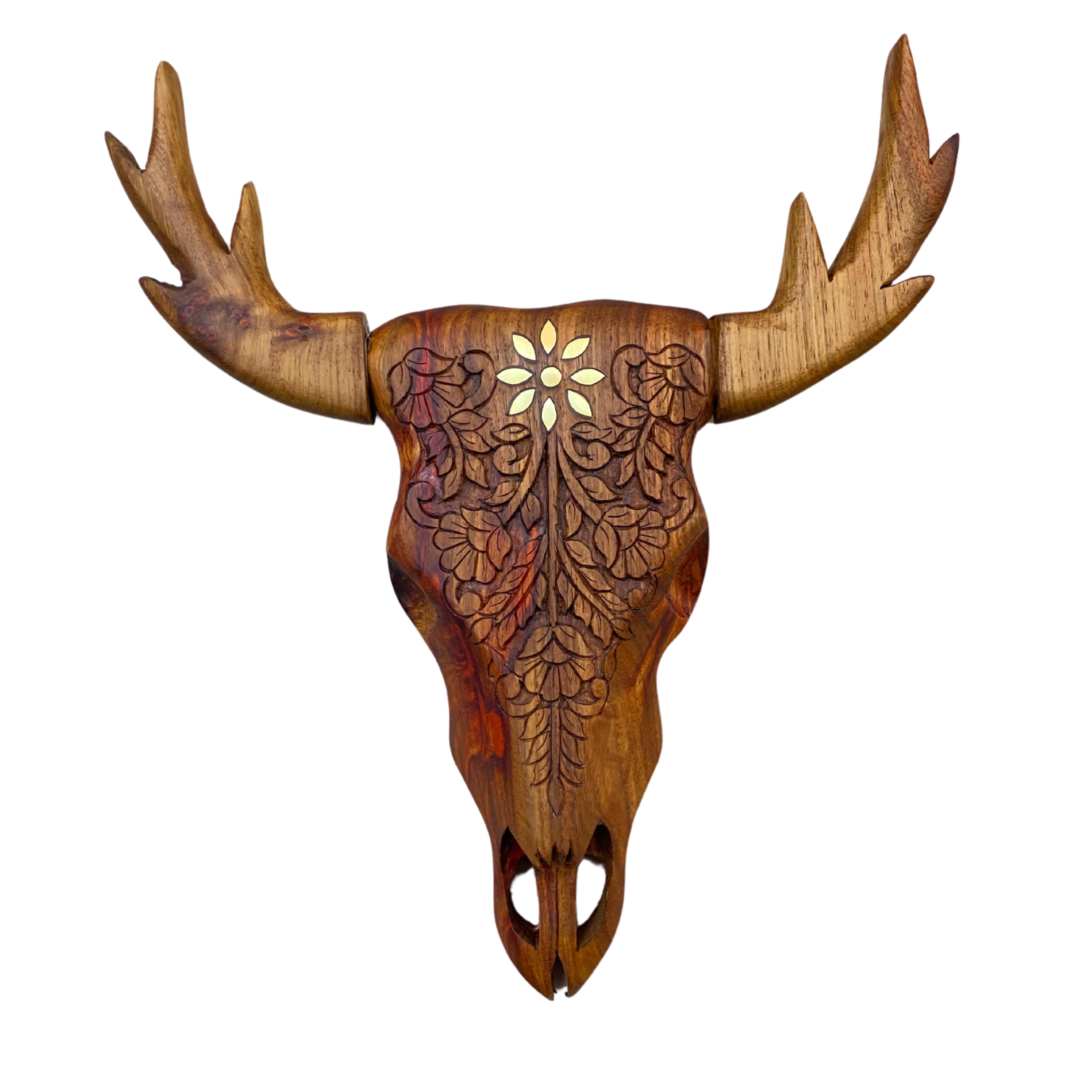 Hand Carved Deer Skull Vase With Brass Inlay