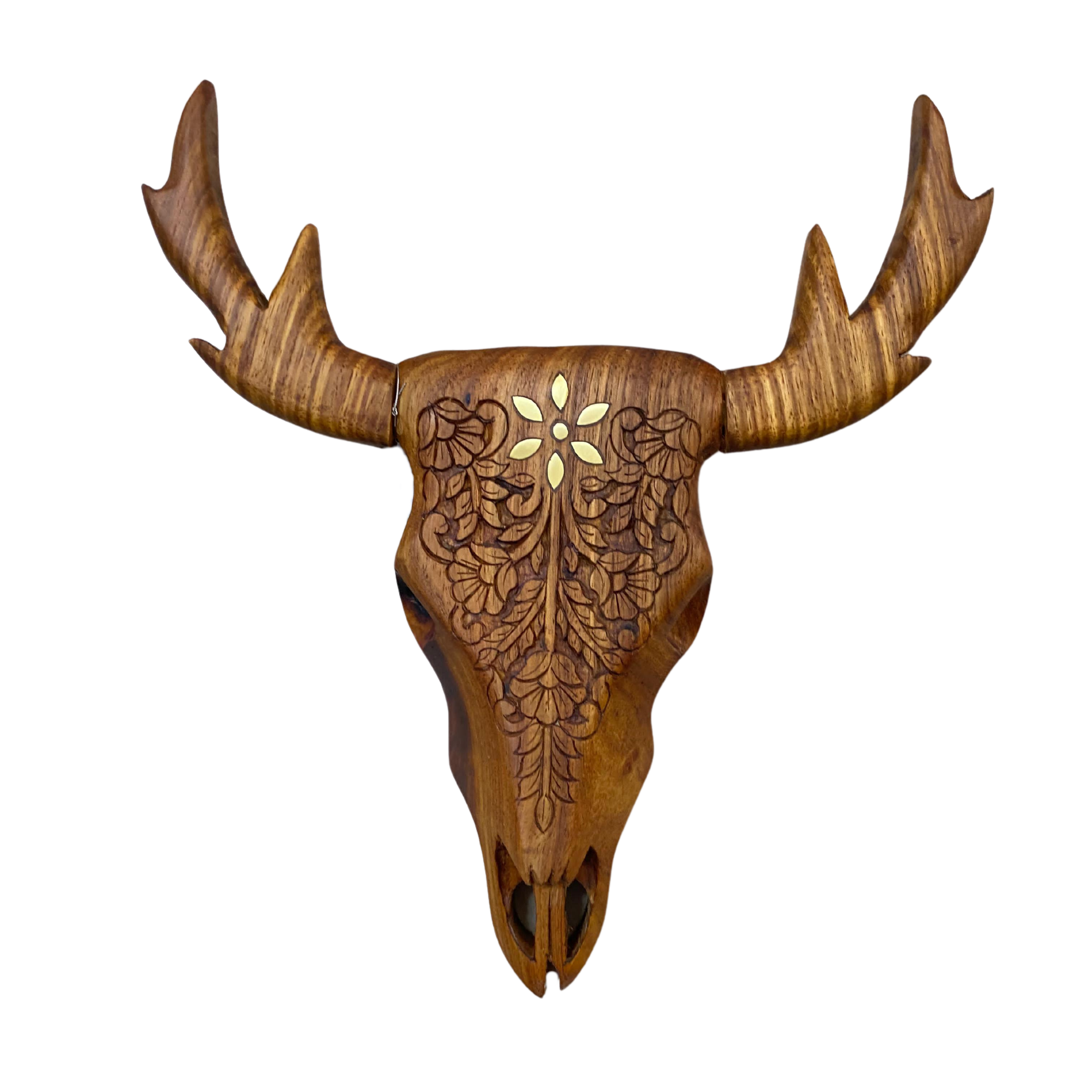 Hand Carved Deer Skull Vase With Brass Inlay