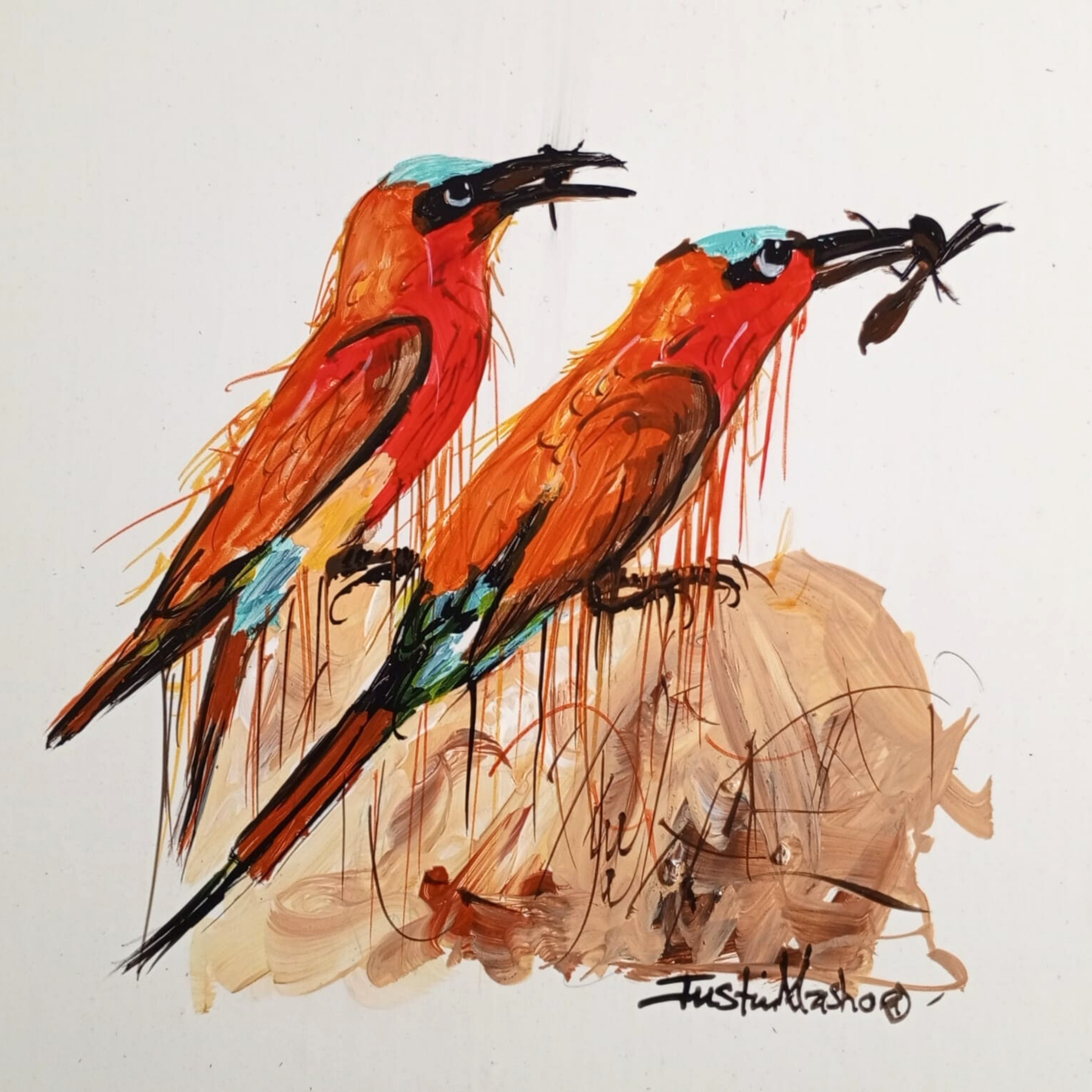 Justin Mashora Masonite Painting - Birds (25cm x 25cm)