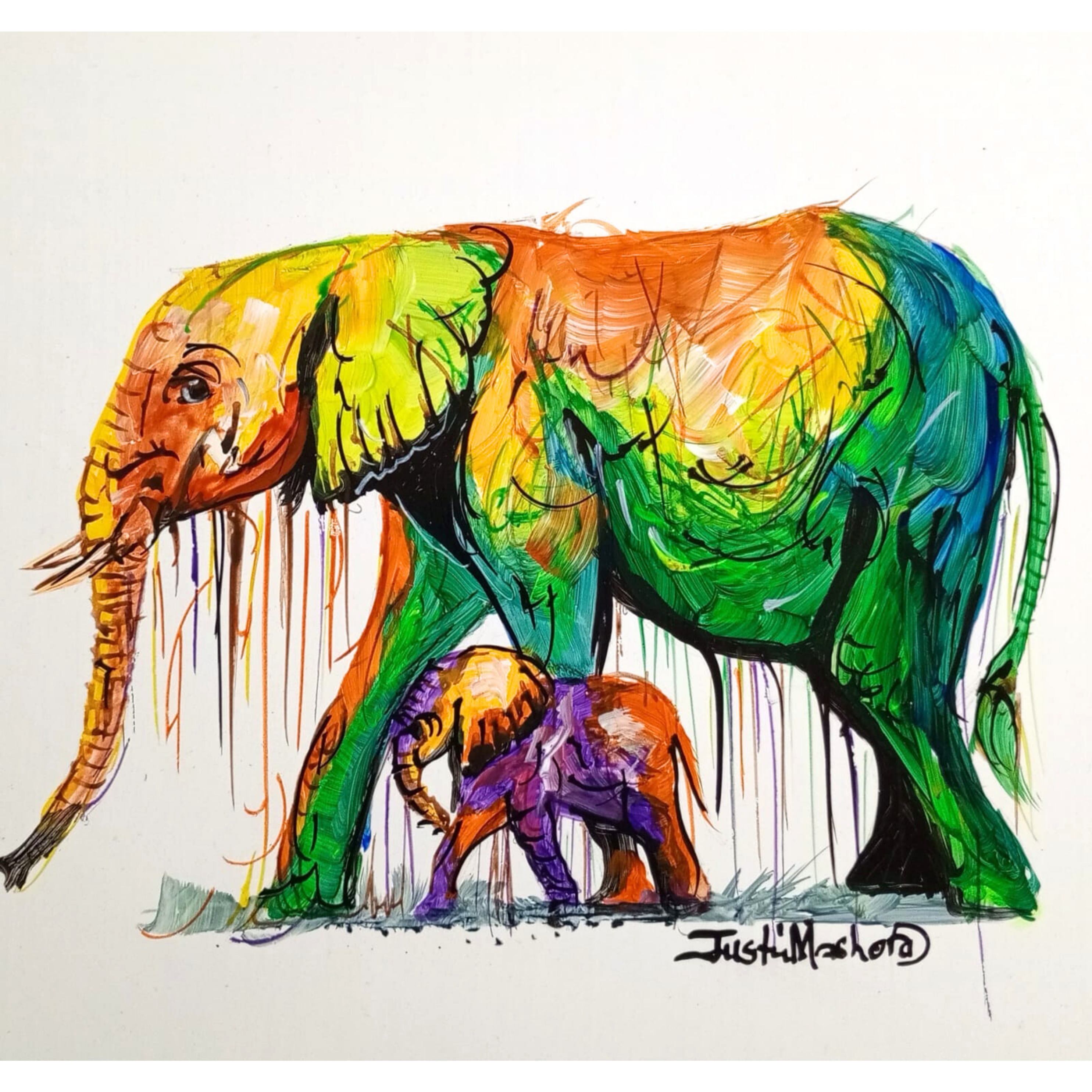 Justin Mashora Masonite Painting - Elephant (25cm x 25cm)