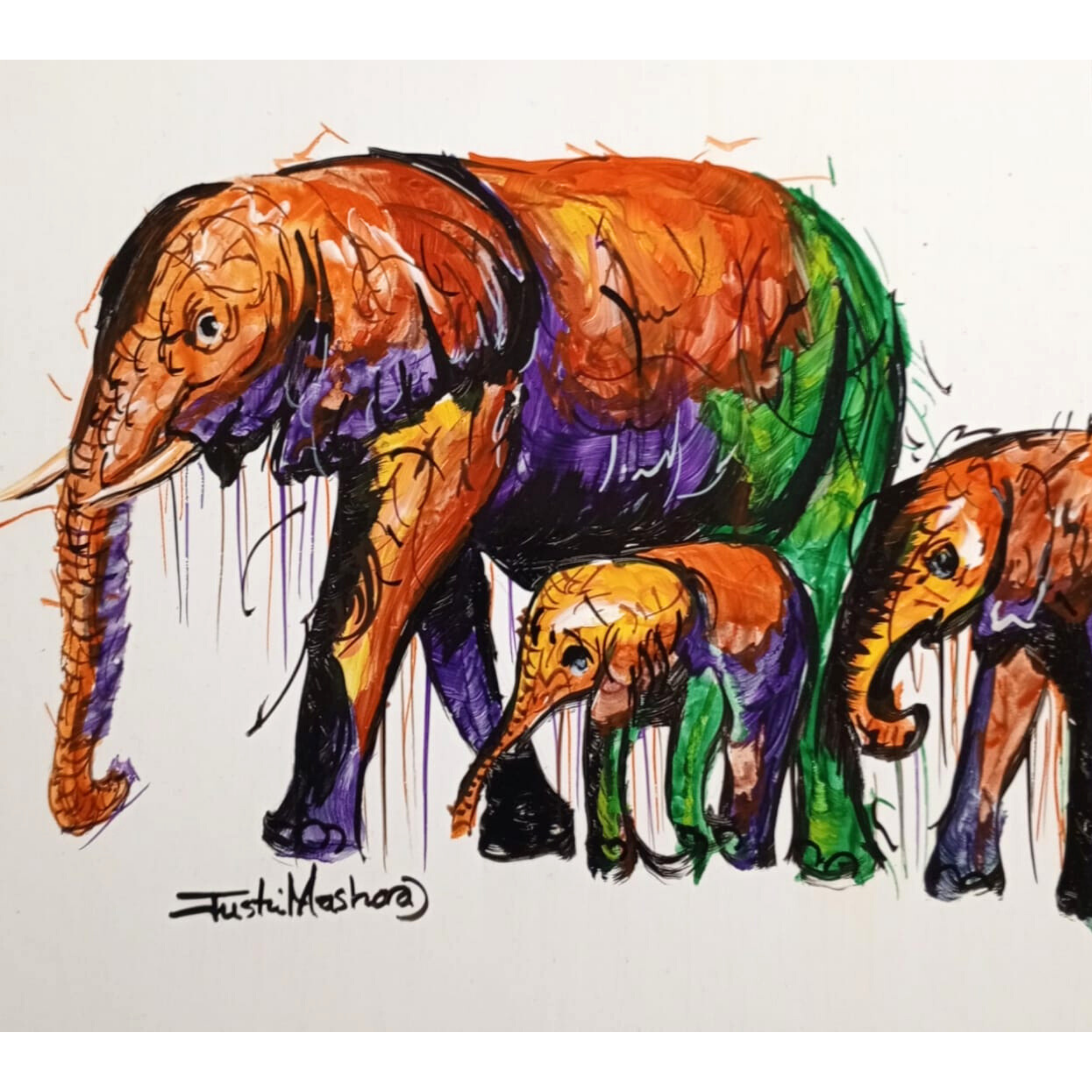 Justin Mashora Masonite Painting - Elephant (25cm x 25cm)