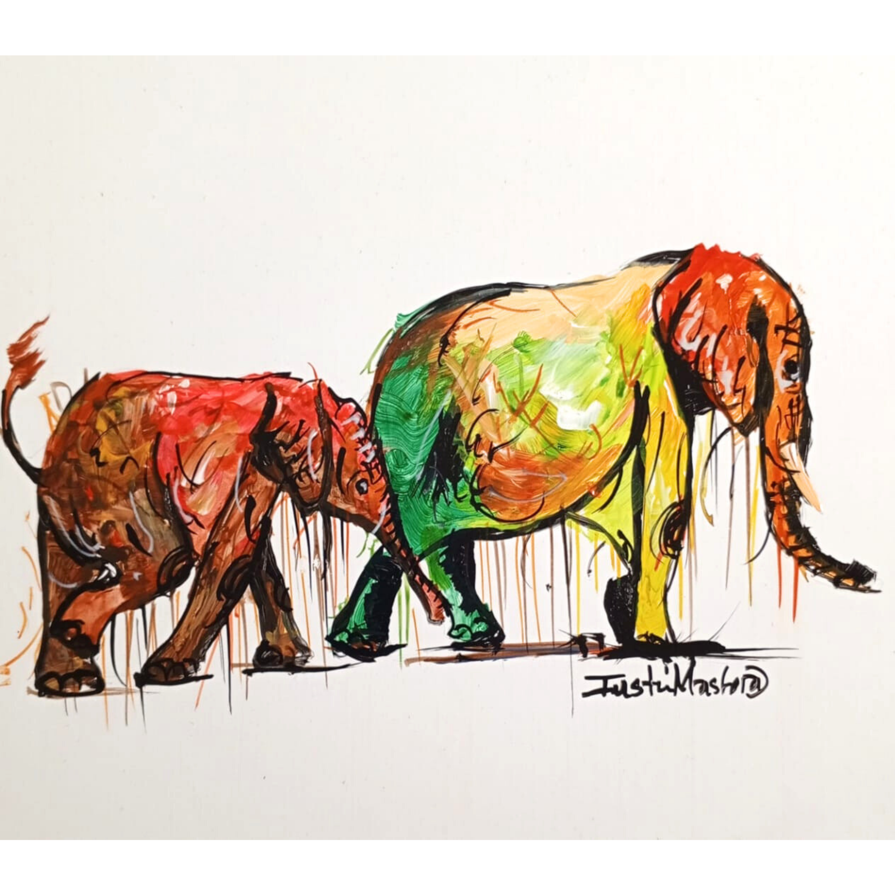 Justin Mashora Masonite Painting - Elephant (25cm x 25cm)